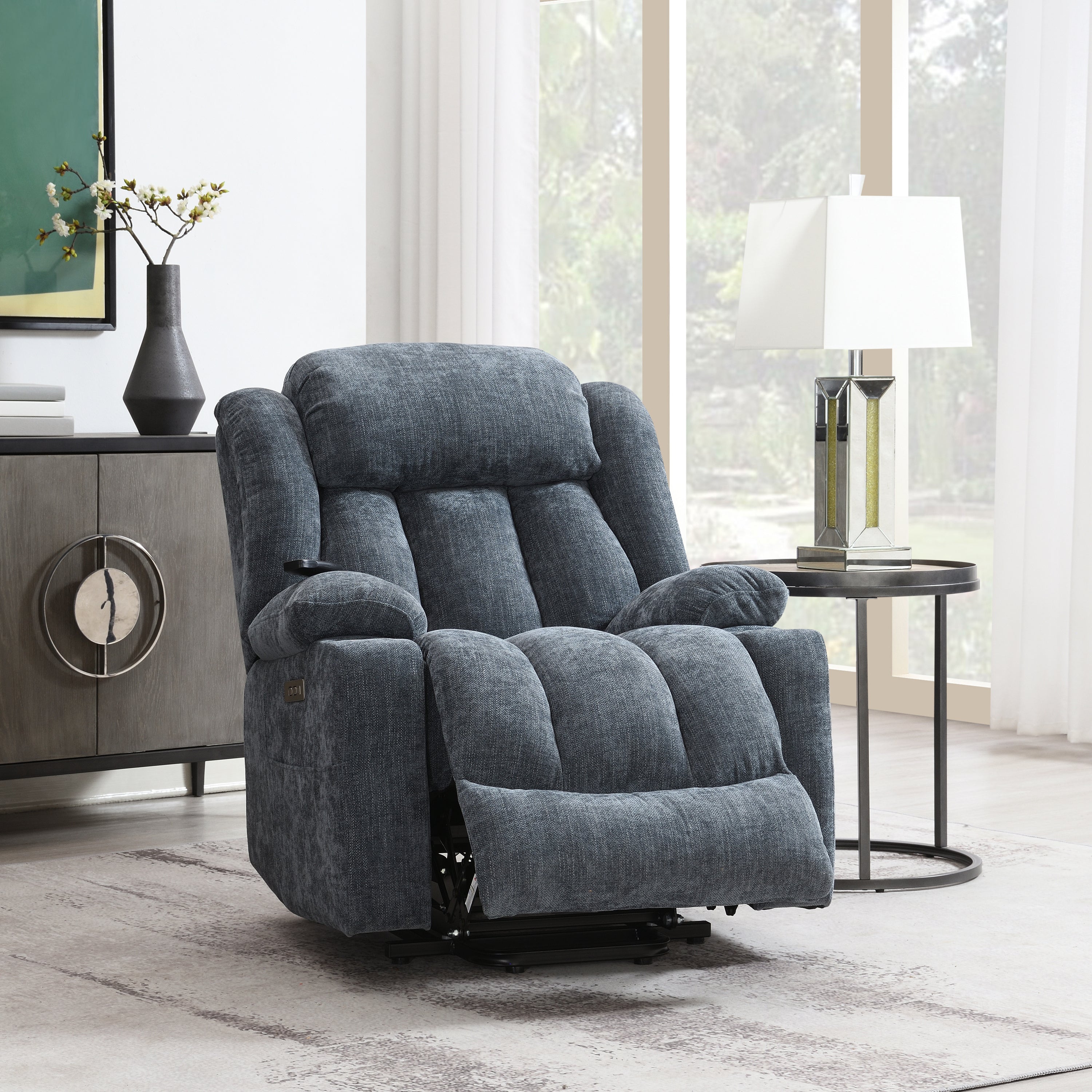 Omarion Blue Chenille Power Motion Recliner with Lift, Heating & Massage Function