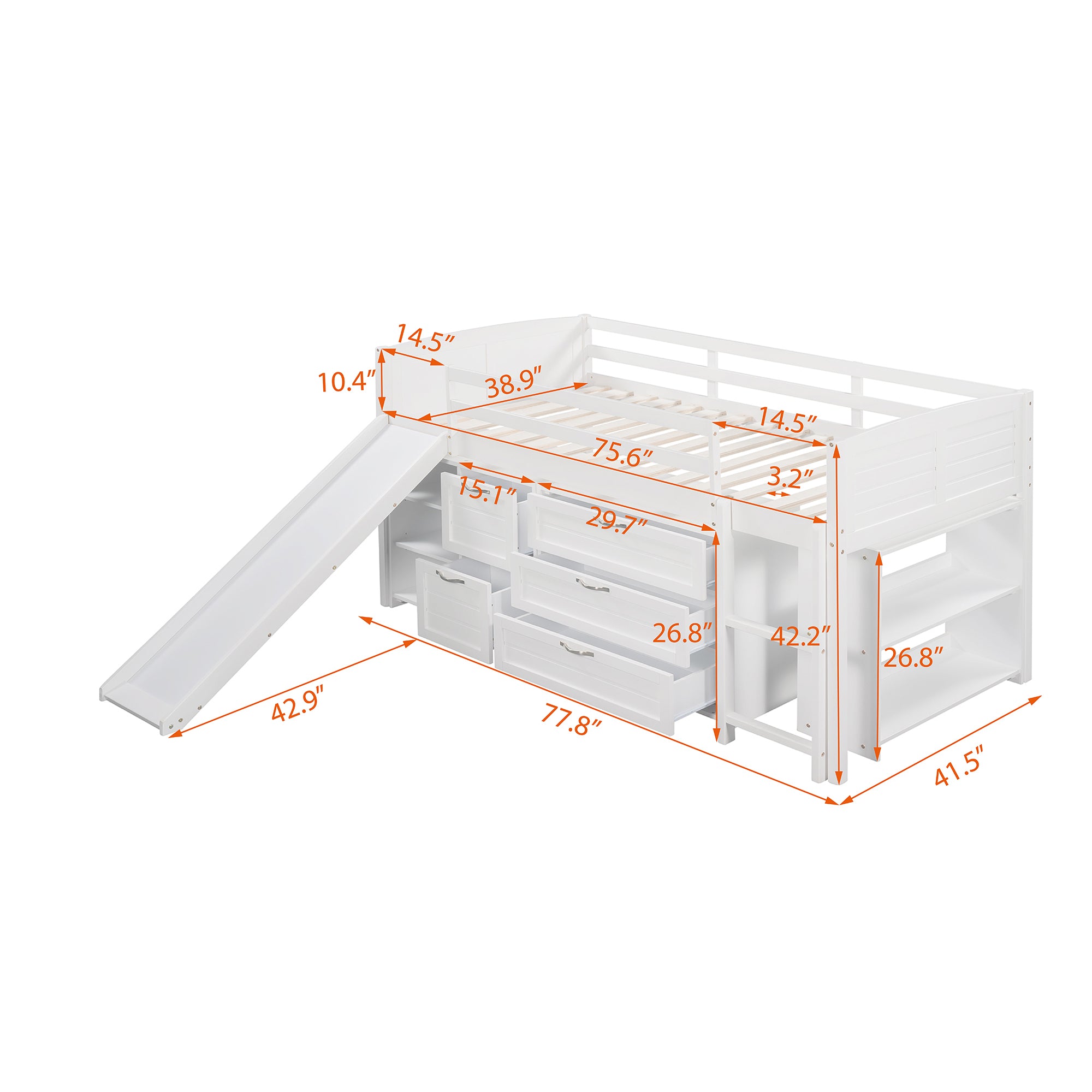 Low Twin Size Loft Bed with Cabinets, Shelves and Slide - White(OLD SKU :LP000503AAK) - Atlantic Fine Furniture Melbourne FL
