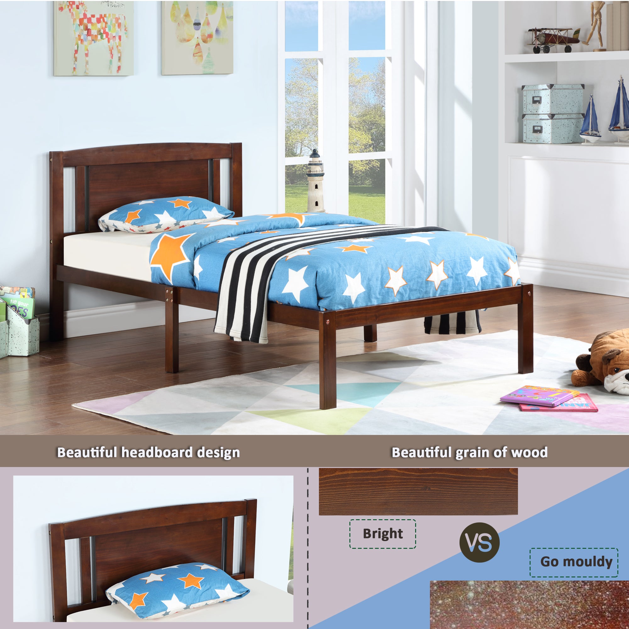 Twin Size Bed, Wood Platform Bed Frame with Headboard For Kids, Slatted, Dark Walnut - Atlantic Fine Furniture Melbourne FL