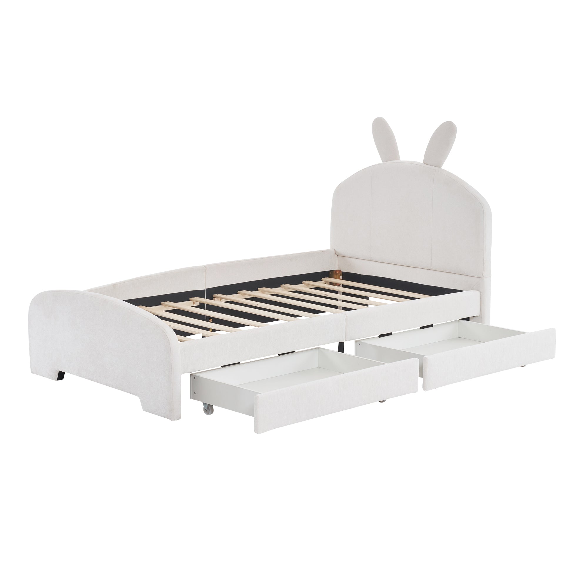 Twin Size Upholstered Platform Bed with Cartoon Ears Shaped Headboard and 2 Drawers, White - Atlantic Fine Furniture Melbourne FL