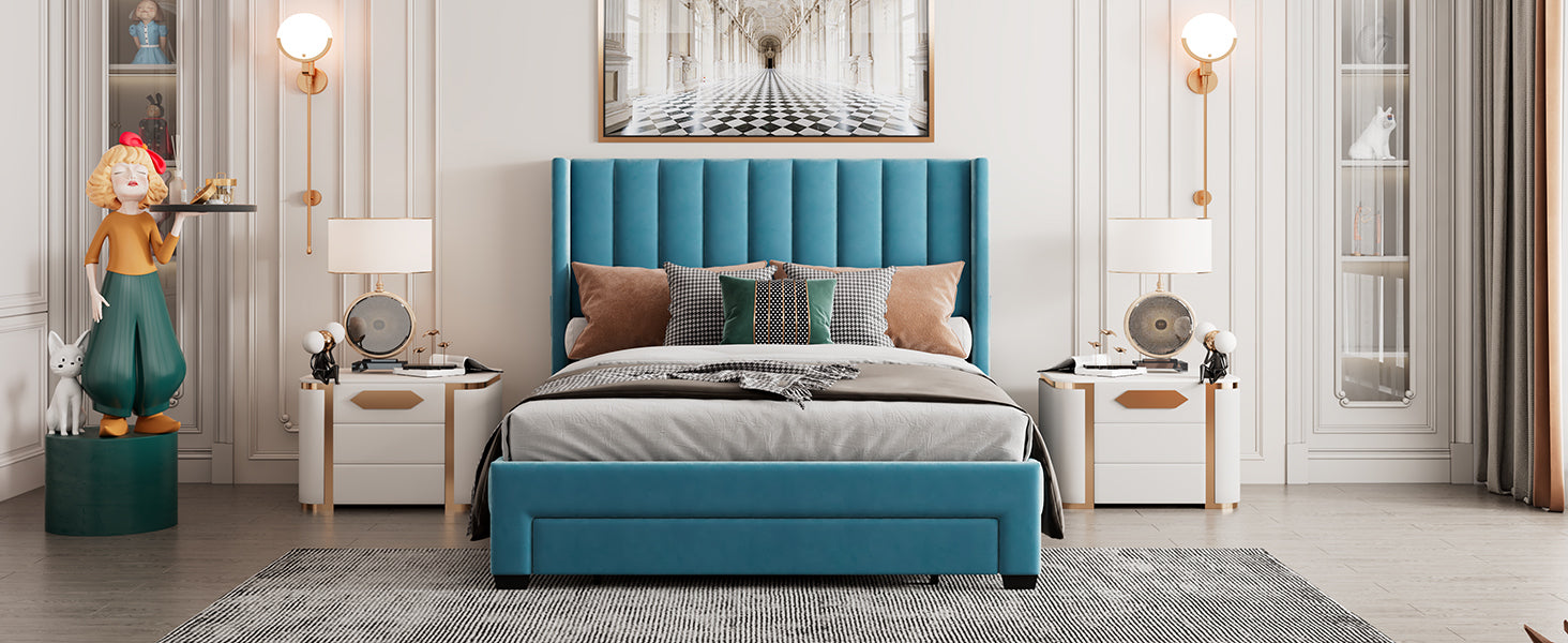 Queen Size Storage Bed Velvet Upholstered Platform Bed with a Big Drawer - Blue - Atlantic Fine Furniture Melbourne FL
