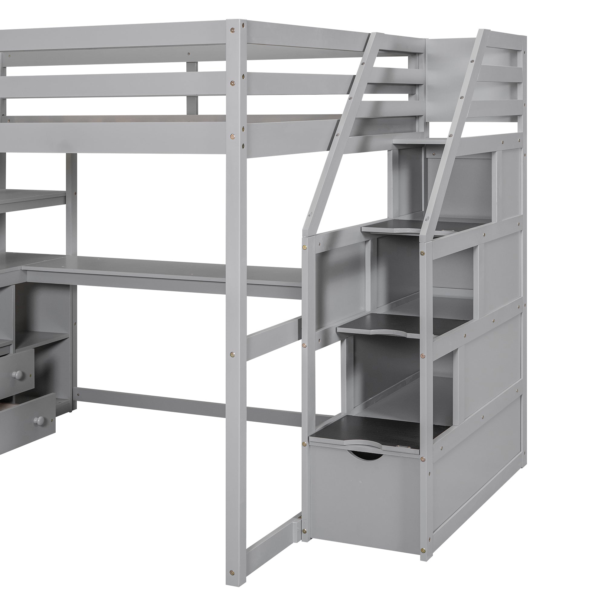 Full Size Loft Bed with Desk and Shelves, Two Built-in Drawers, Storage Staircase, Gray - Atlantic Fine Furniture Melbourne FL