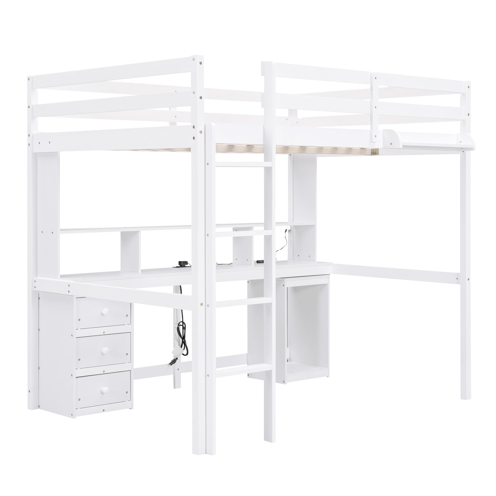 Full Size Loft Bed with Multi-storage Desk, LED light and Bedside Tray, Charging Station, White - Atlantic Fine Furniture Melbourne FL
