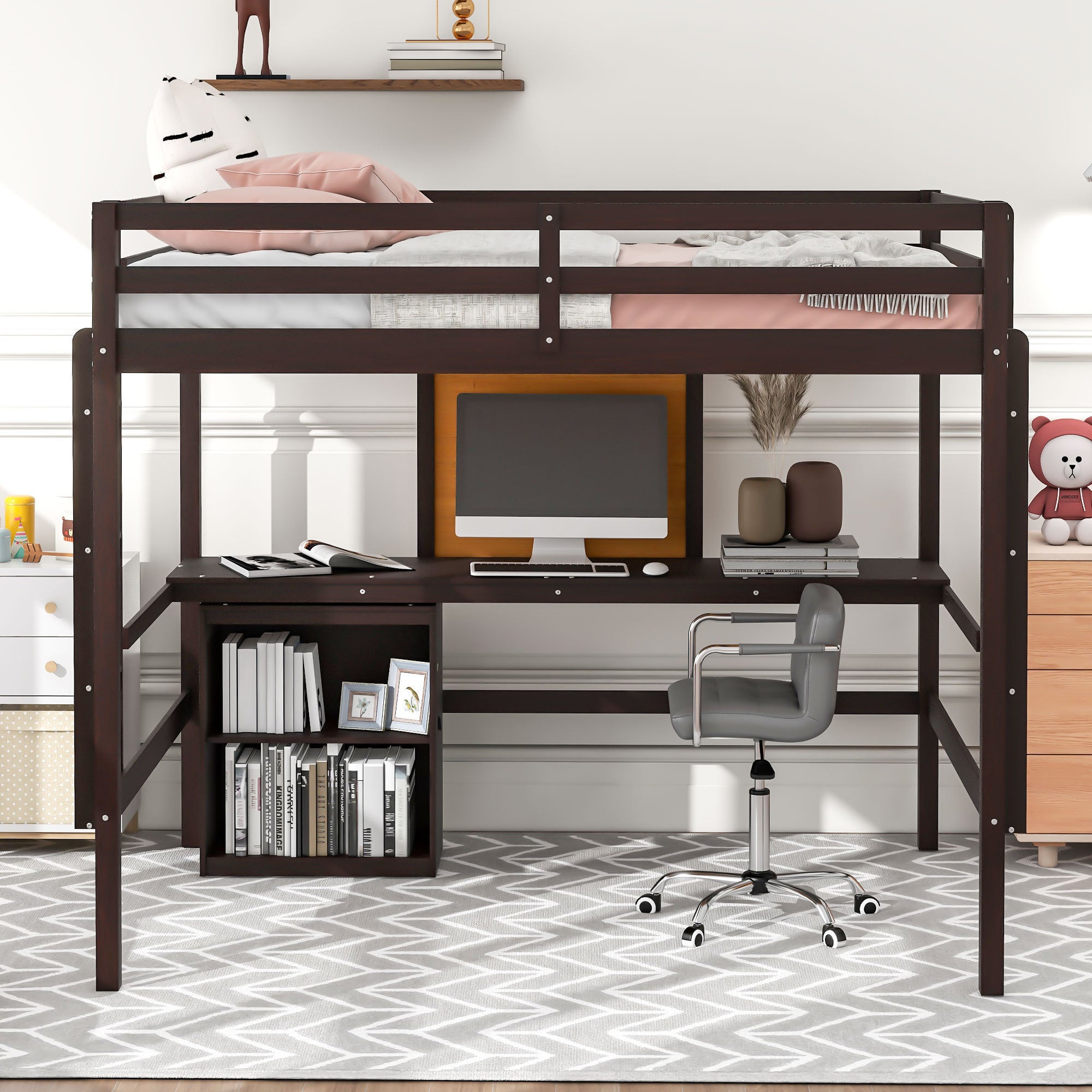 Full size Loft Bed with Desk and Writing Board, Wooden Loft Bed with Desk & 2 Drawers Cabinet- Espresso - Atlantic Fine Furniture Melbourne FL