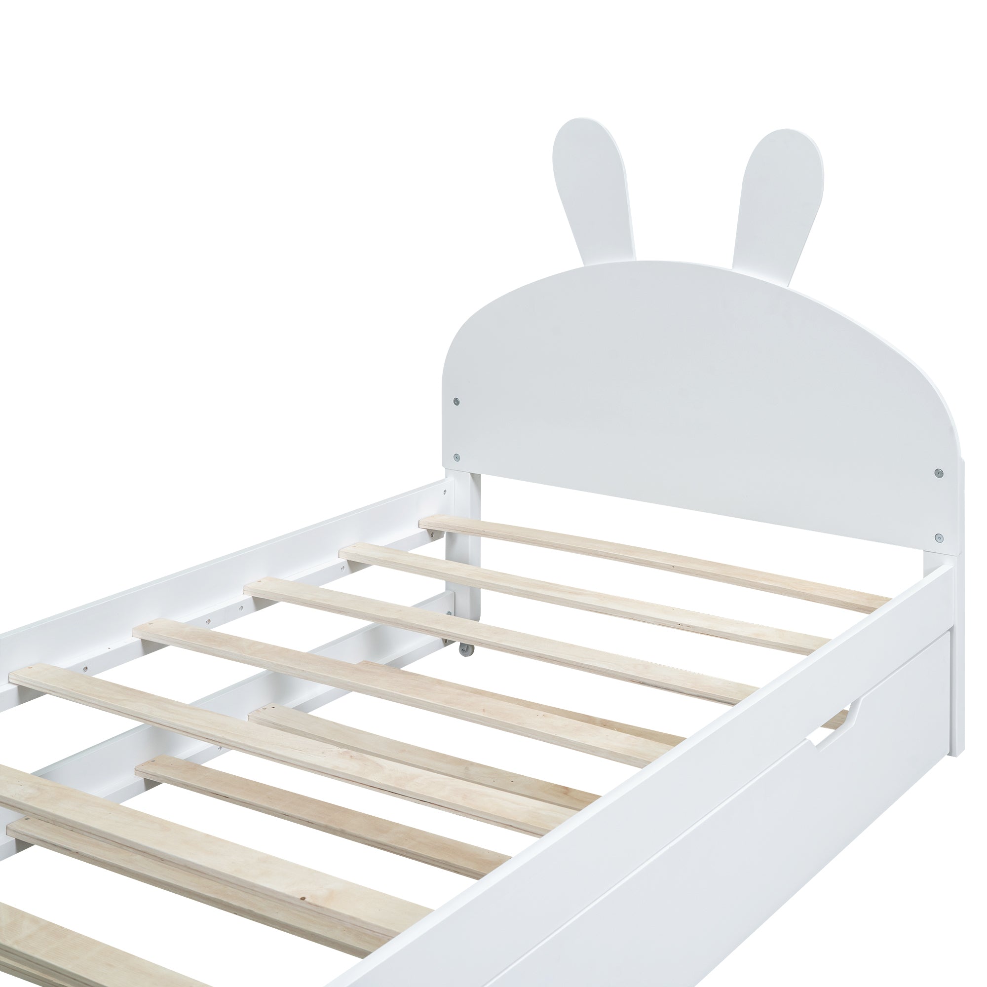 Wood Twin Size Platform Bed with Cartoon Ears Shaped Headboard and Trundle, White - Atlantic Fine Furniture Melbourne FL