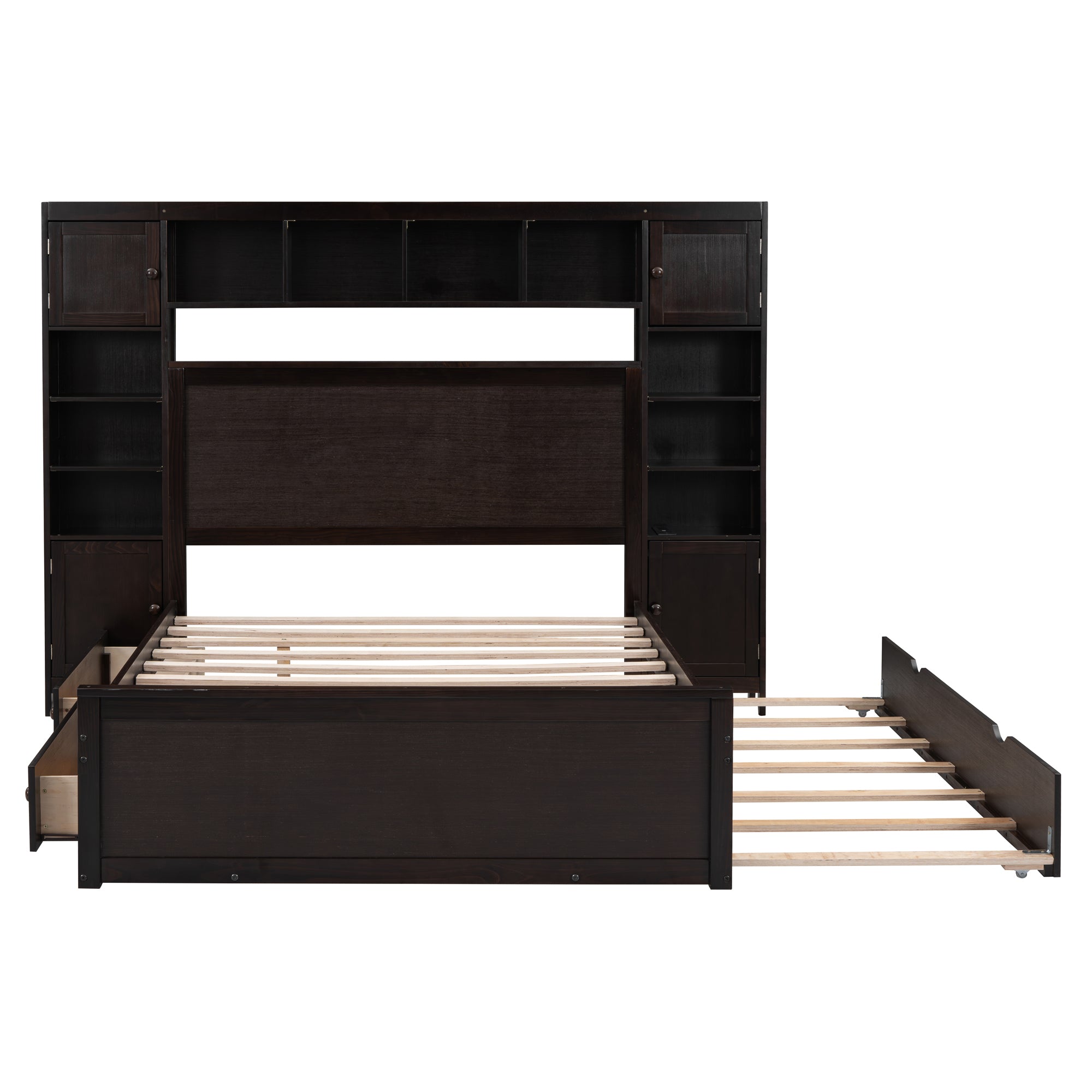 Full Size Wooden Bed With All-in-One Cabinet, Shelf and Sockets, Espresso - Atlantic Fine Furniture Melbourne FL