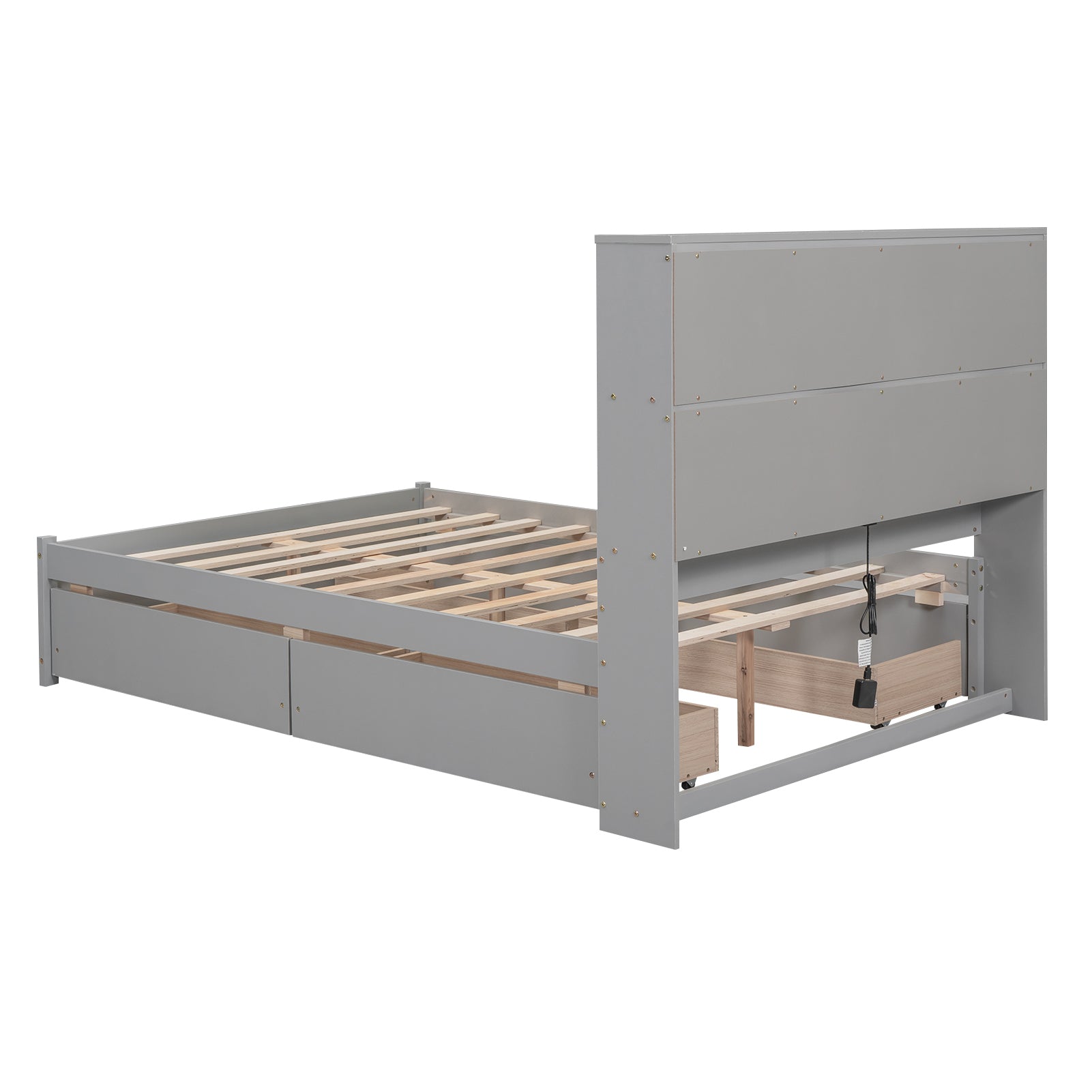 Full Size Platform Bed with Storage Headboard, Charging Station and 4 Drawers, Gray - Atlantic Fine Furniture Melbourne FL