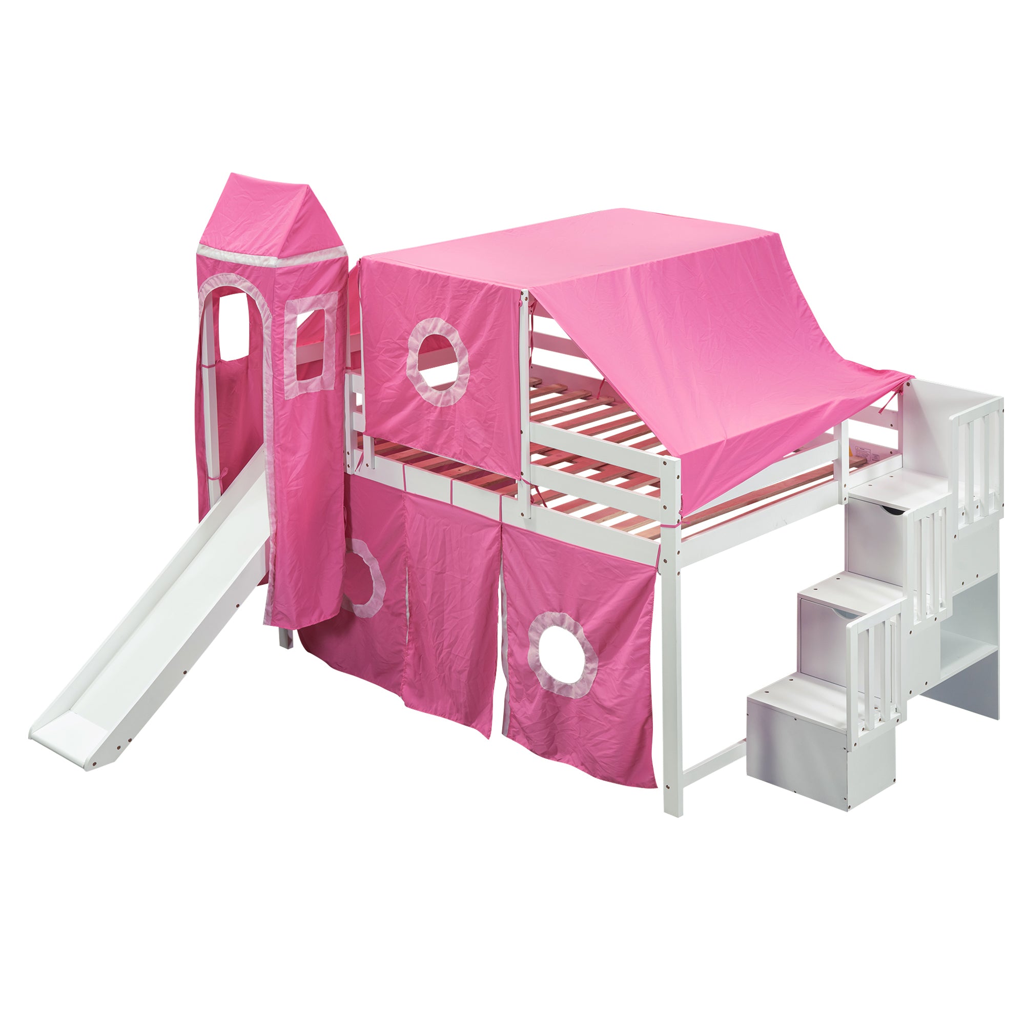 Full Size Loft Bed with Tent and Tower - Pink - Atlantic Fine Furniture Melbourne FL