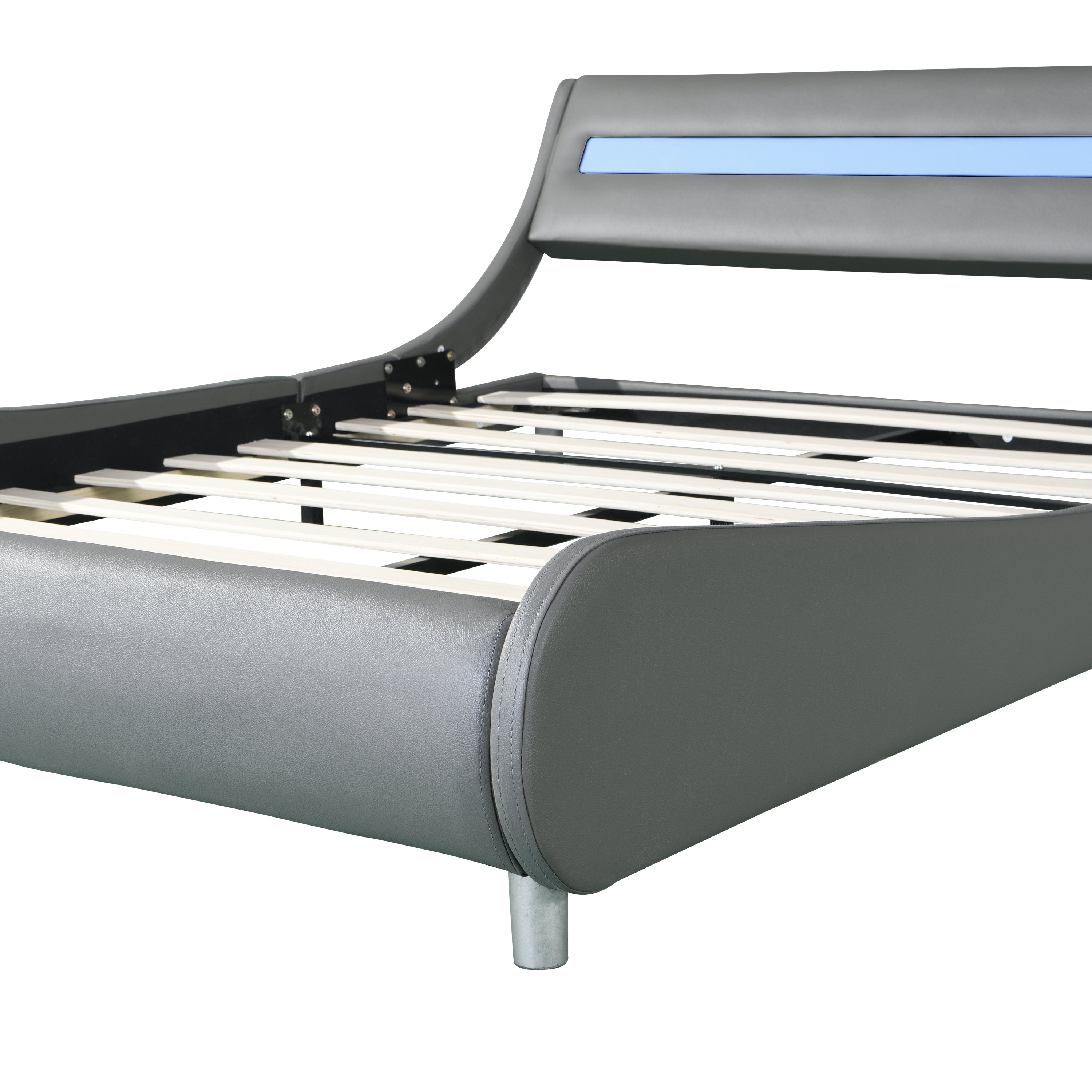 Faux Leather Upholstered Platform Bed Frame with led lighting , Curve Design, Wood Slat Support, No Box Spring Needed, Easy Assemble, Queen Size, Gray - Atlantic Fine Furniture Melbourne FL
