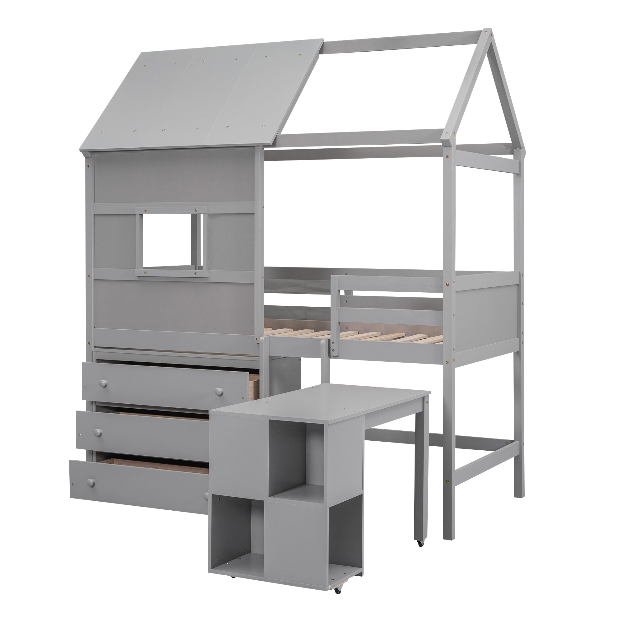 Twin Size House Loft Bed with Storage Desk and 3 Drawer Chest, Gray - Atlantic Fine Furniture Melbourne FL
