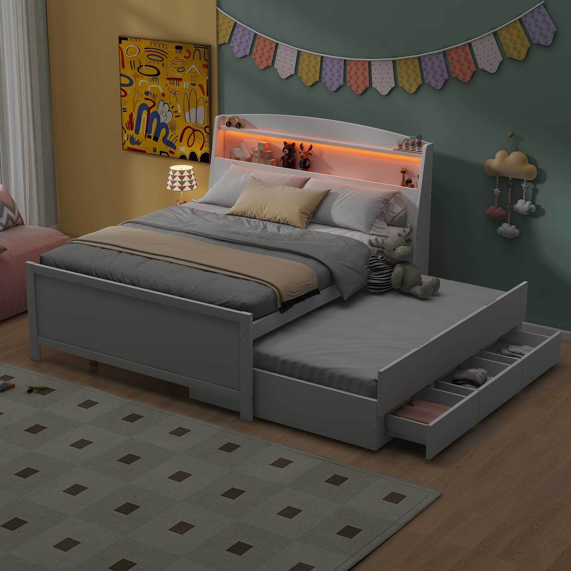 Full Size Platform Bed with Storage LED Headboard, Twin Size Trundle and 3 Drawers, White - Atlantic Fine Furniture Melbourne FL