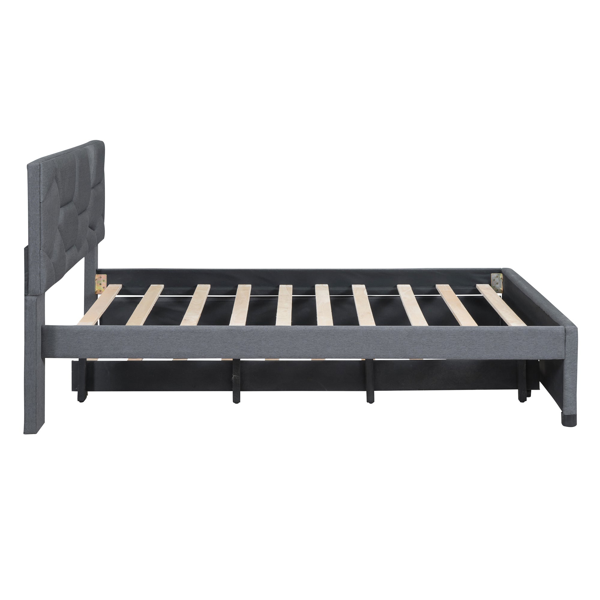 Full Size Upholstered Platform Bed with Brick Pattern Headboard and Twin Size Trundle, Linen Fabric, Gray - Atlantic Fine Furniture Melbourne FL