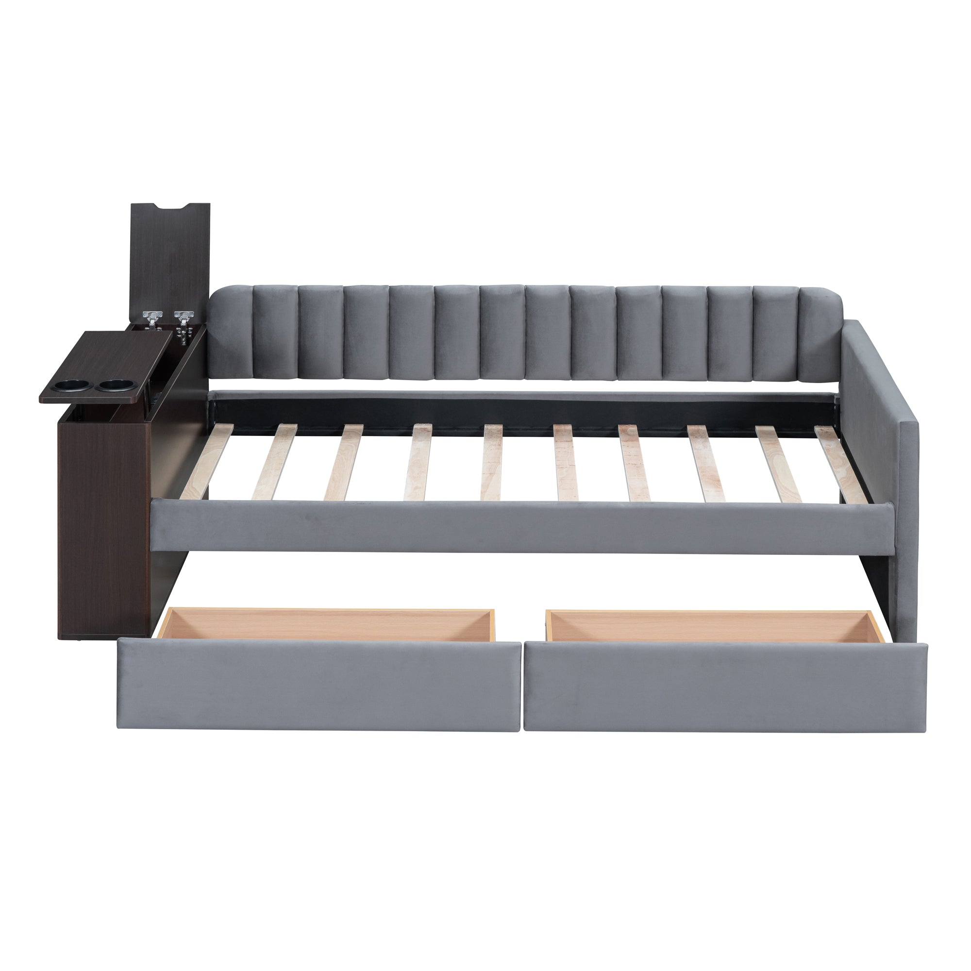 Twin Size Upholstered Daybed with Storage Armrest and 2 Drawers, Multi-functional Daybed with Cup Holder and a set of USB Ports and Sockets, Gray - Atlantic Fine Furniture Melbourne FL