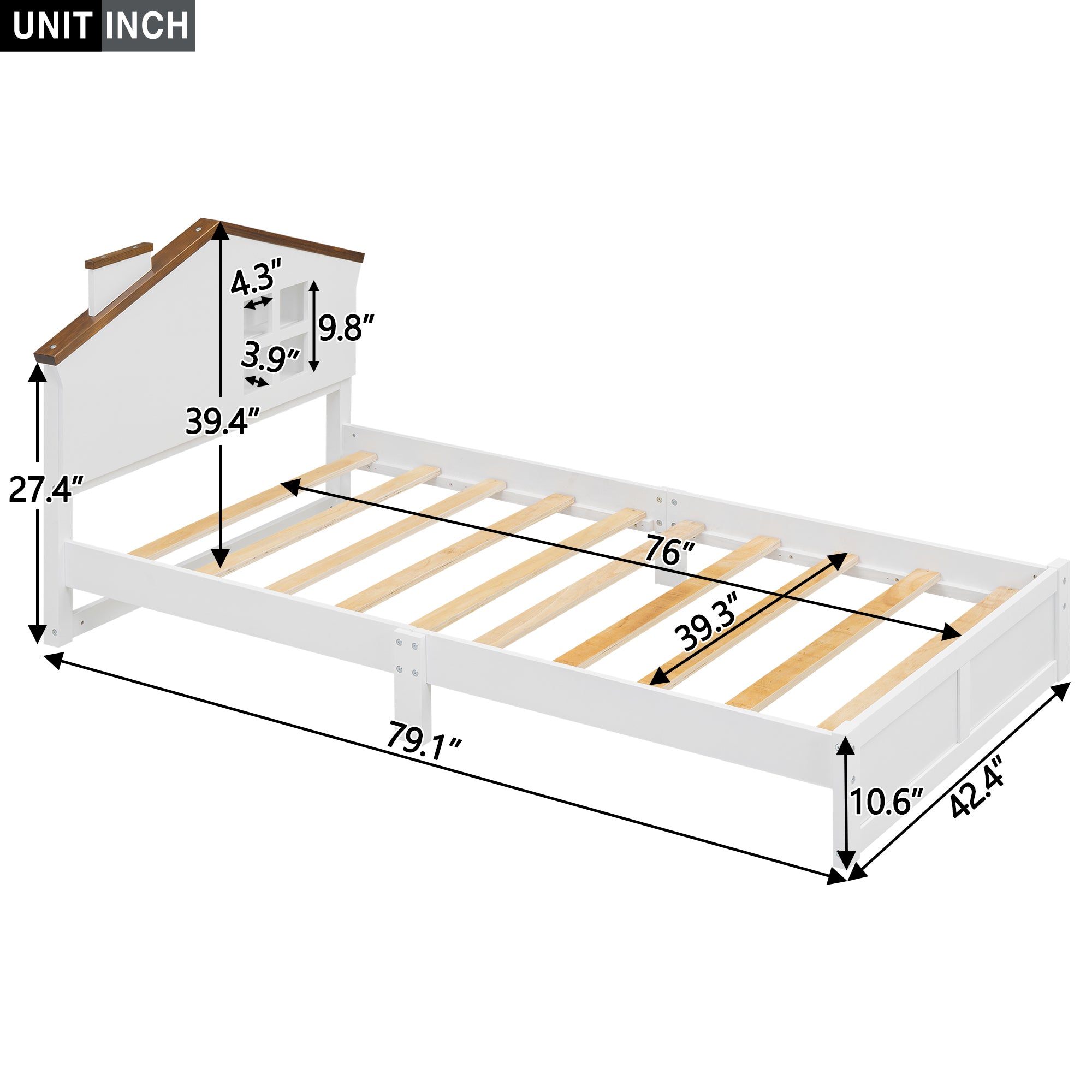 Twin Size Wood Platform Bed with House-shaped Headboard and Built-in LED, Walnut+White - Atlantic Fine Furniture Melbourne FL