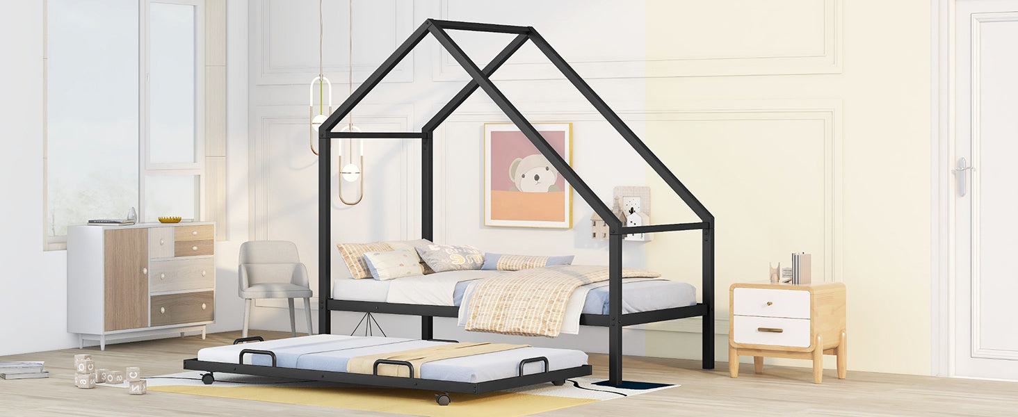 Metal House Bed With Trundle, Twin Size House Bed Black