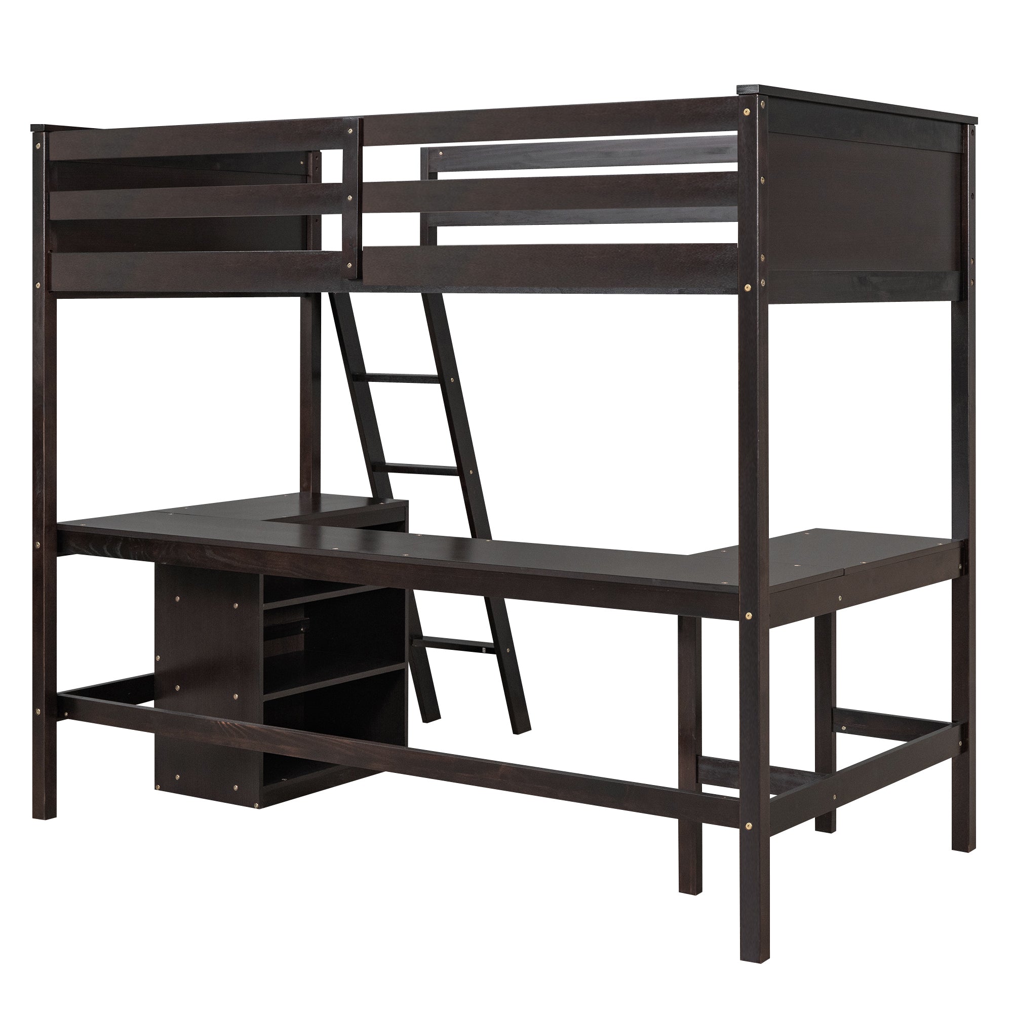 Twin size Loft Bed with Shelves and Desk, Wooden Loft Bed with Desk - Espresso(OLD SKU:LT000537AAP) - Atlantic Fine Furniture Melbourne FL