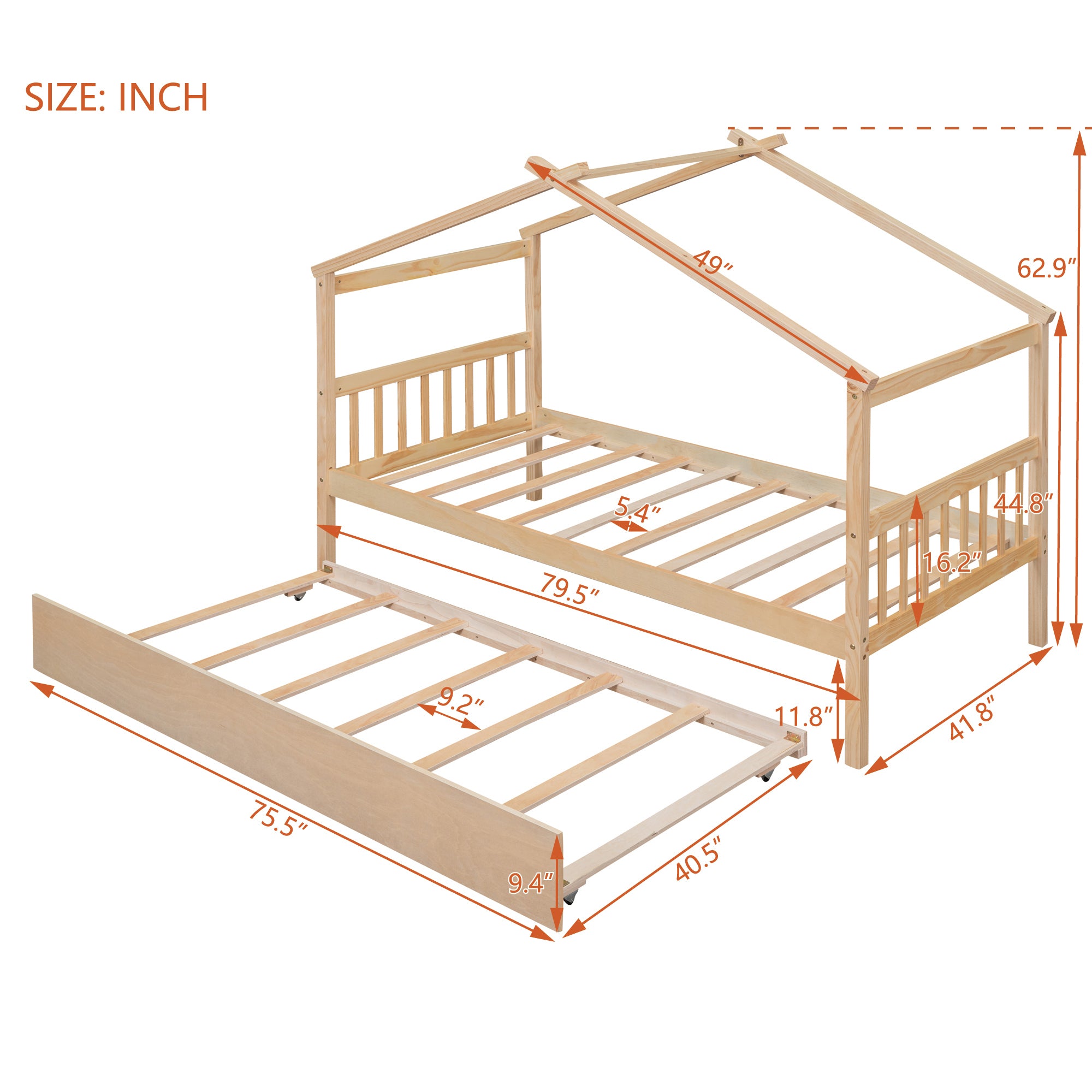 Twin Size Wooden House Bed with Twin Size Trundle, Natural - Atlantic Fine Furniture Melbourne FL