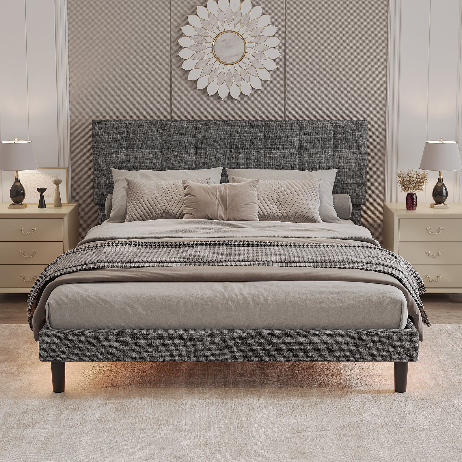Queen Size Upholstered Platform Bed Linen Bed Frame with Lights Square Stitched Adjustable Headboard Strong Bed Slats System No Box Spring Needed Grey - Atlantic Fine Furniture Melbourne FL