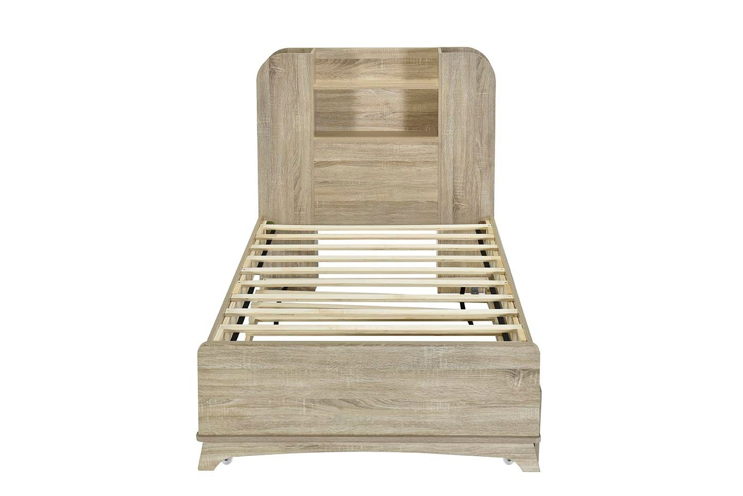 Twin Size Storage Platform Bed Frame with with Trundle and Light Strip Design in Headboard,Natural - Atlantic Fine Furniture Melbourne FL