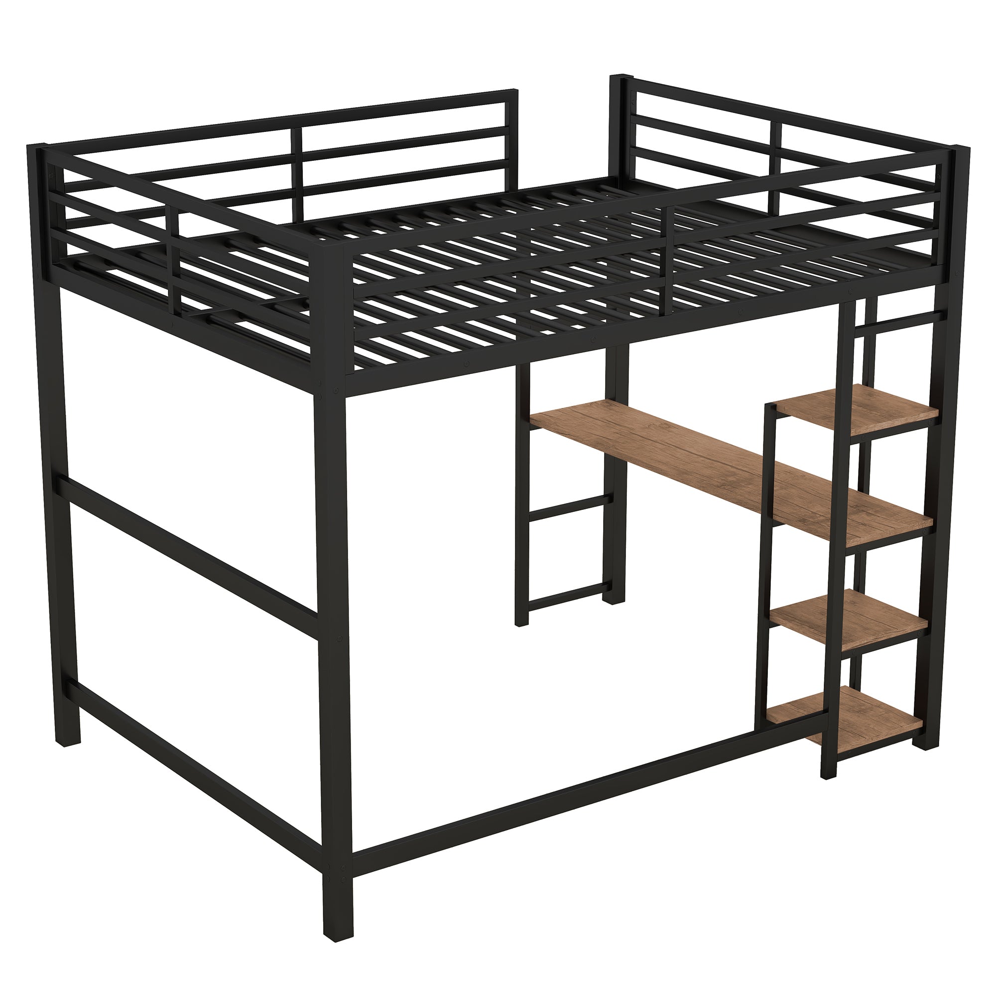 Full Size Metal Loft Bed with Built-in Desk and Storage Shelves, Black
