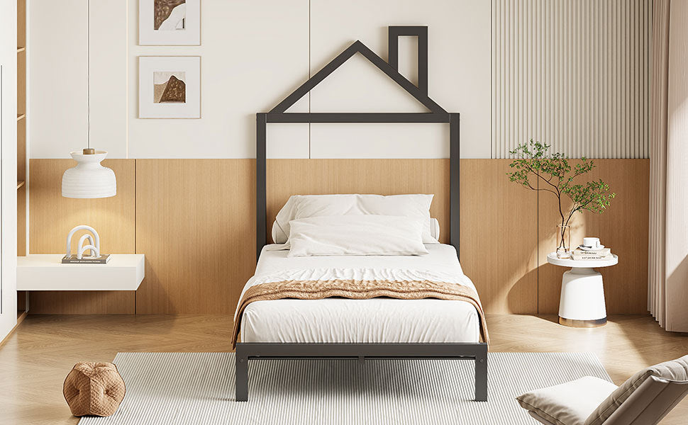 Twin Size Metal Platform Bed with House-Shaped Headboard Design, Black - Atlantic Fine Furniture Melbourne FL