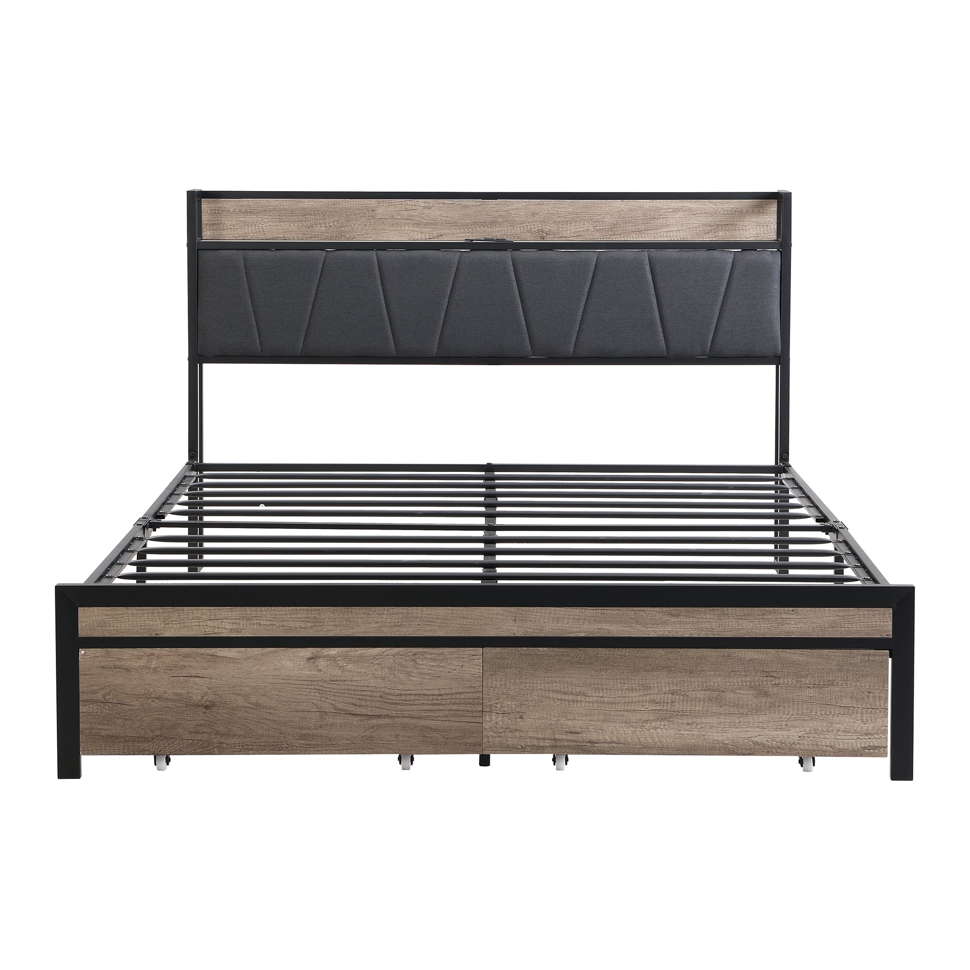 Queen Size Metal Platform Bed Frame with upholstery storage function Headboard and USB LINER and Footboard with drawers , No Box Spring Needed, Large Under Bed Storage, Easy Assemble