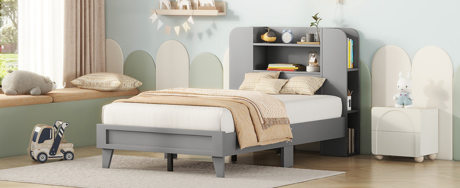 Twin Size Platform Bed with Storage Headboard,Multiple Storage Shelves on Both Sides,Grey - Atlantic Fine Furniture Melbourne FL
