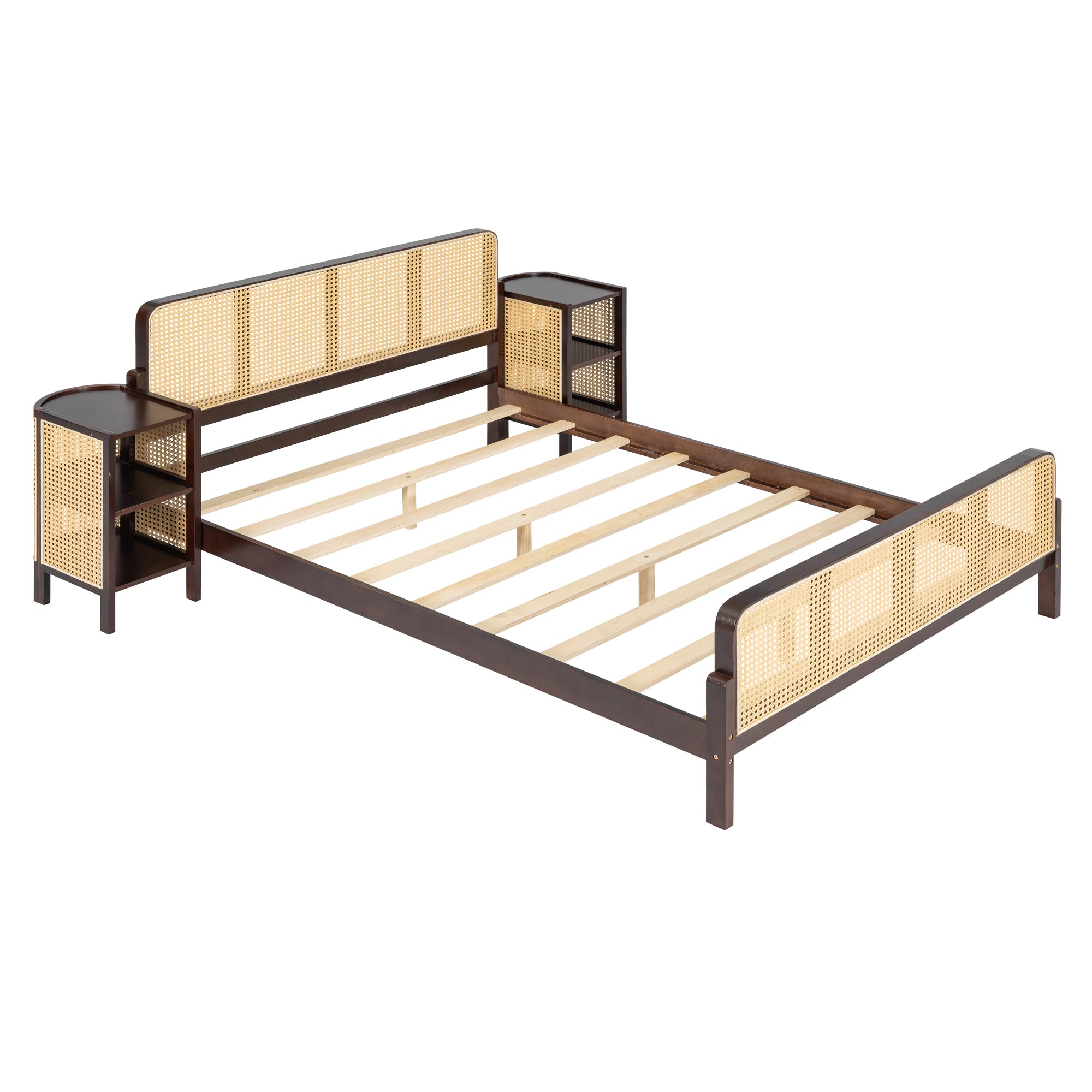 3 Pieces Rattan Platform Full Size Bed With 2 Nightstands,Walnut - Atlantic Fine Furniture Melbourne FL