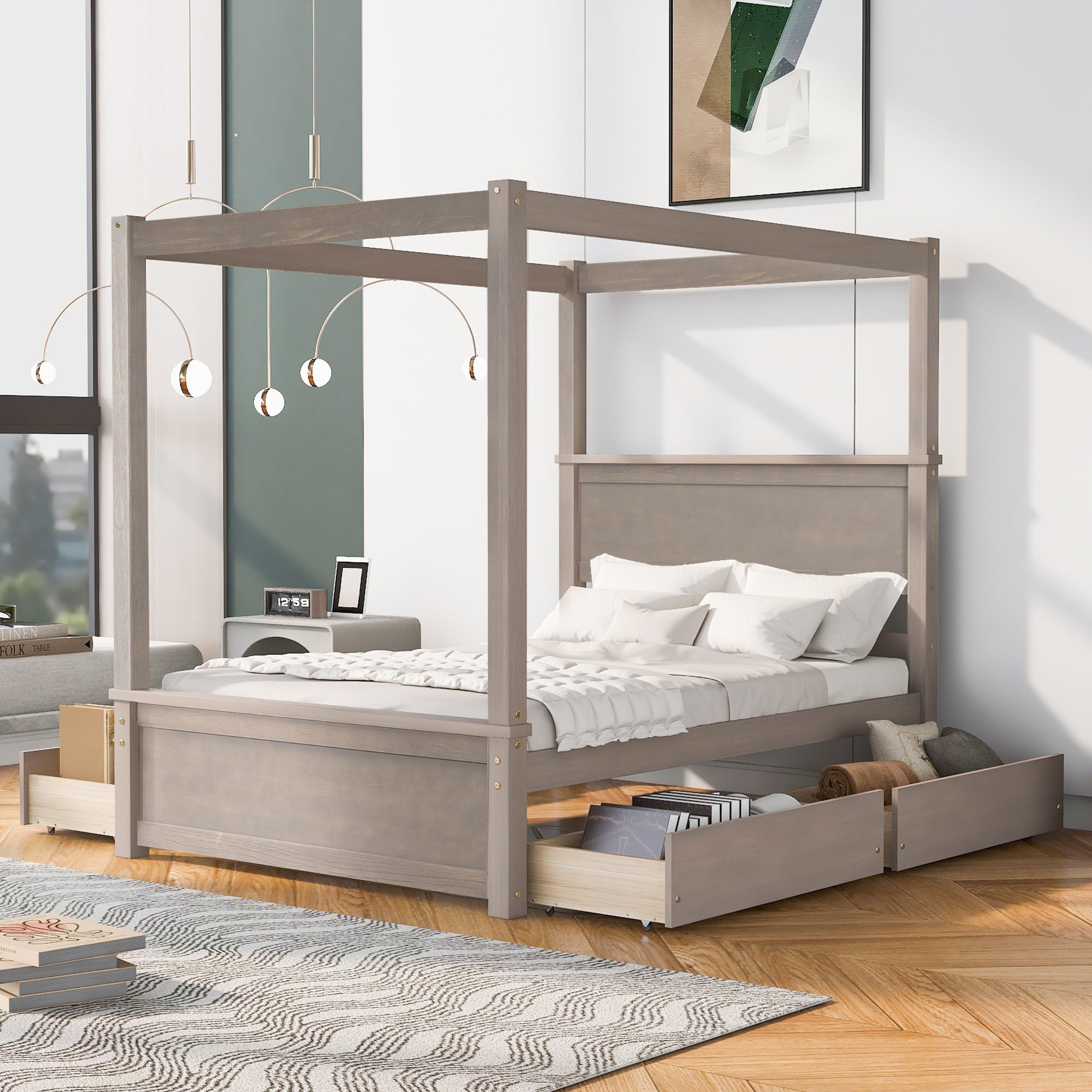 Wood Canopy Bed with four Drawers ,Full Size Canopy Platform Bed With Support Slats .No Box Spring Needed, Brushed Light Brown - Atlantic Fine Furniture Melbourne FL
