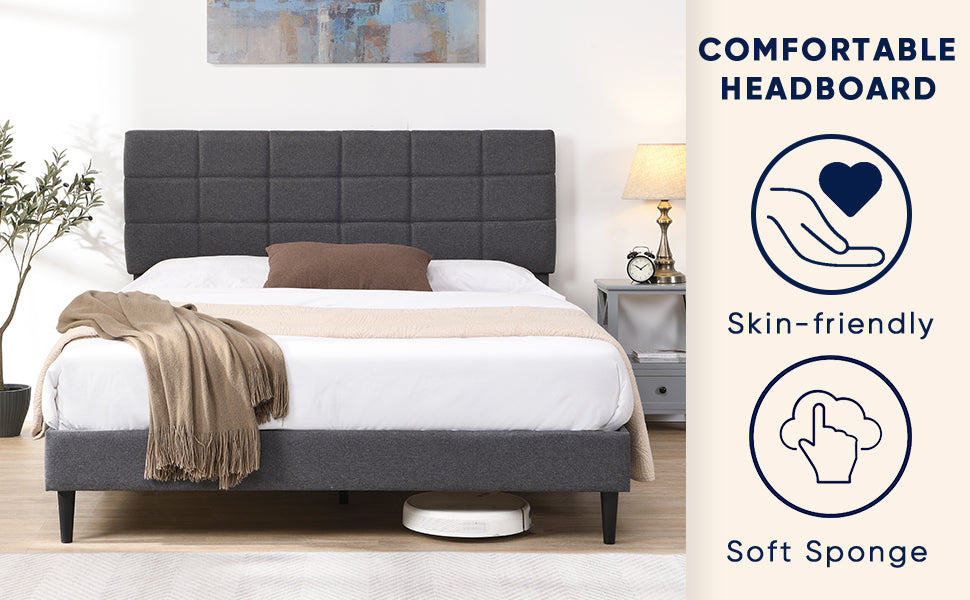 Full Size Platform Bed Frame with Fabric Upholstered Headboard and Wooden Slats, No Box Spring Needed/Easy Assembly, Grey - Atlantic Fine Furniture Melbourne FL