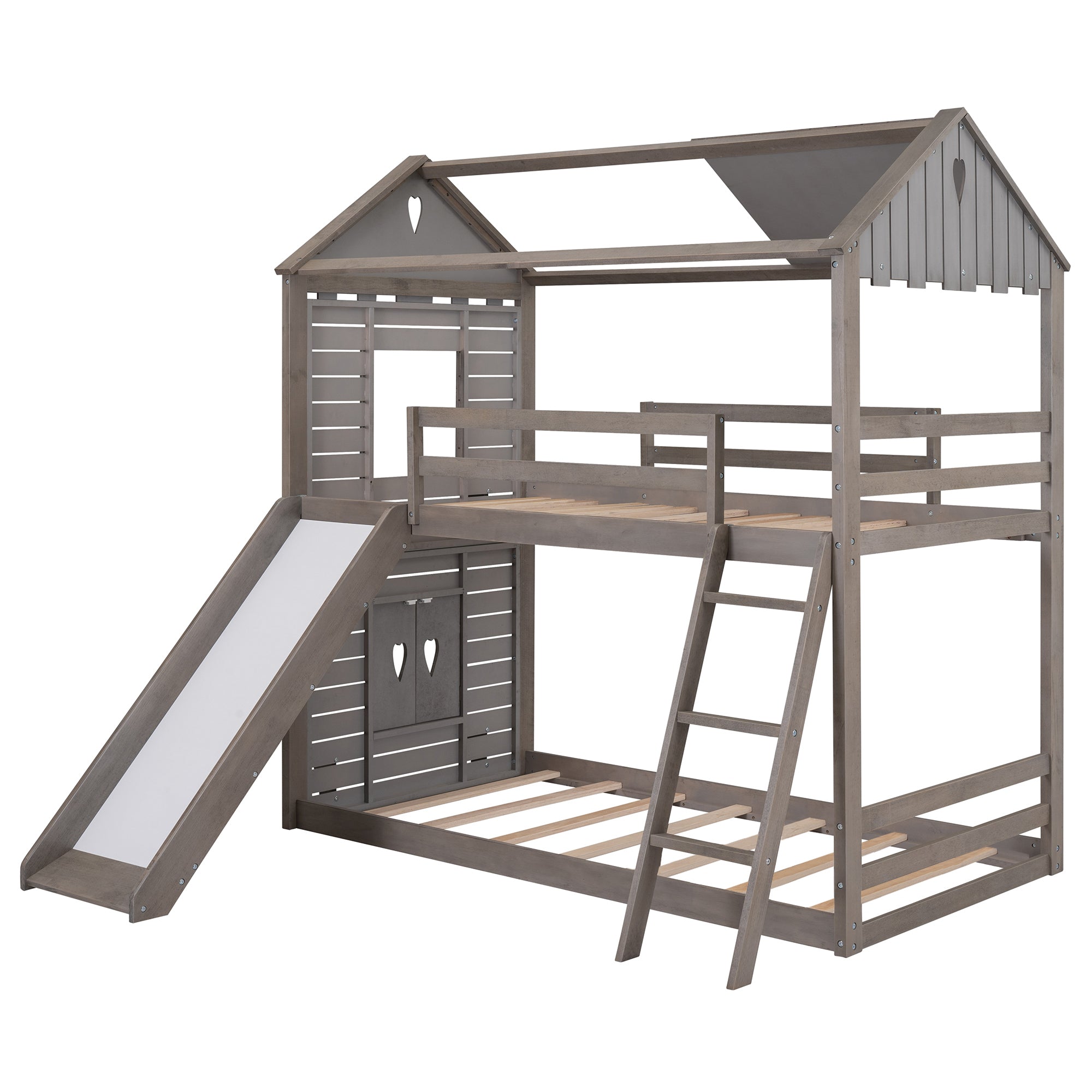 Twin Over Twin Bunk Bed Wood Bed with Roof, Window, Slide, Ladder ,Antique Gray(OLD SKU:LP000059AAE) - Atlantic Fine Furniture Melbourne FL
