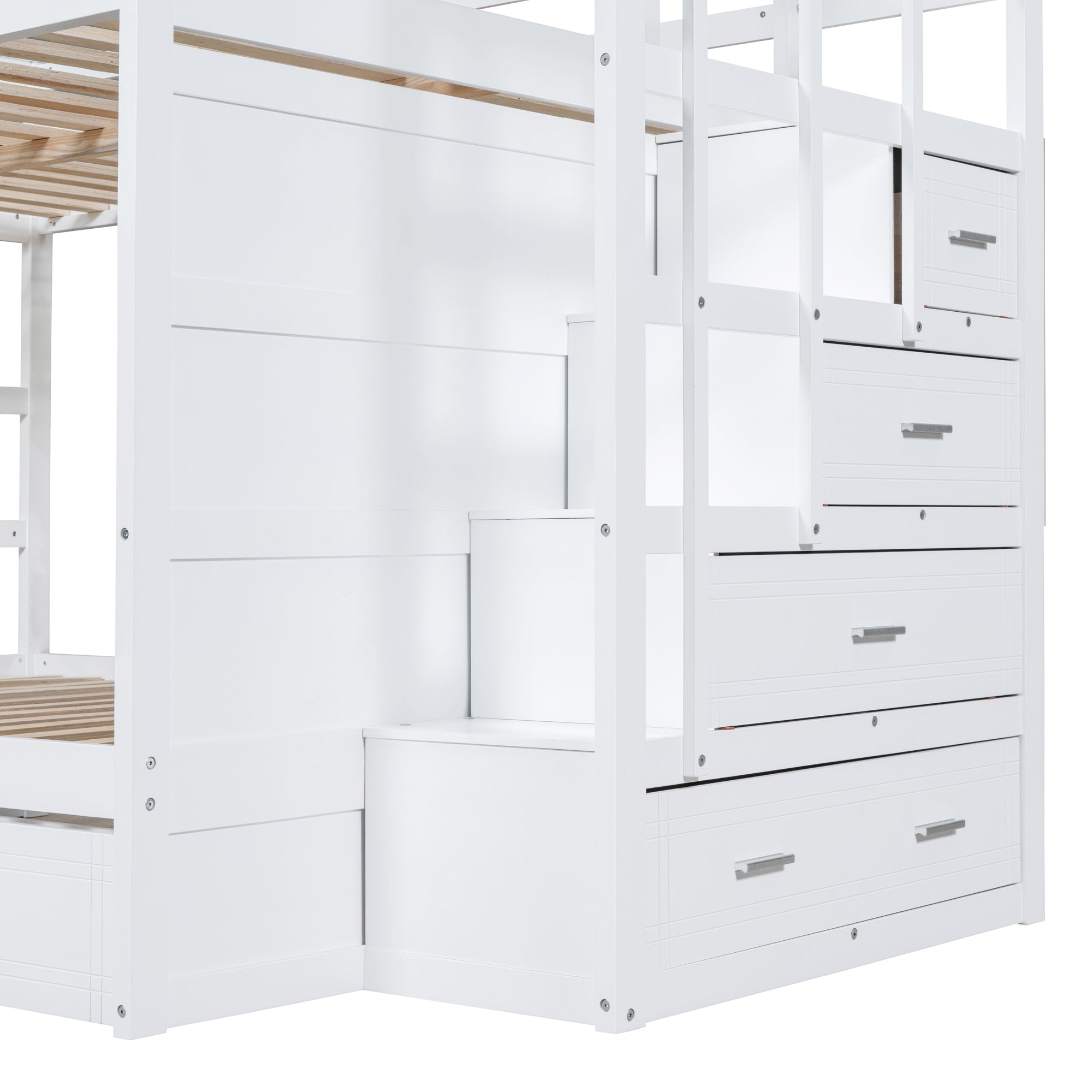 Full Over Full Bunk Bed with Twin Size Trundle and Staircase, White - Atlantic Fine Furniture Melbourne FL