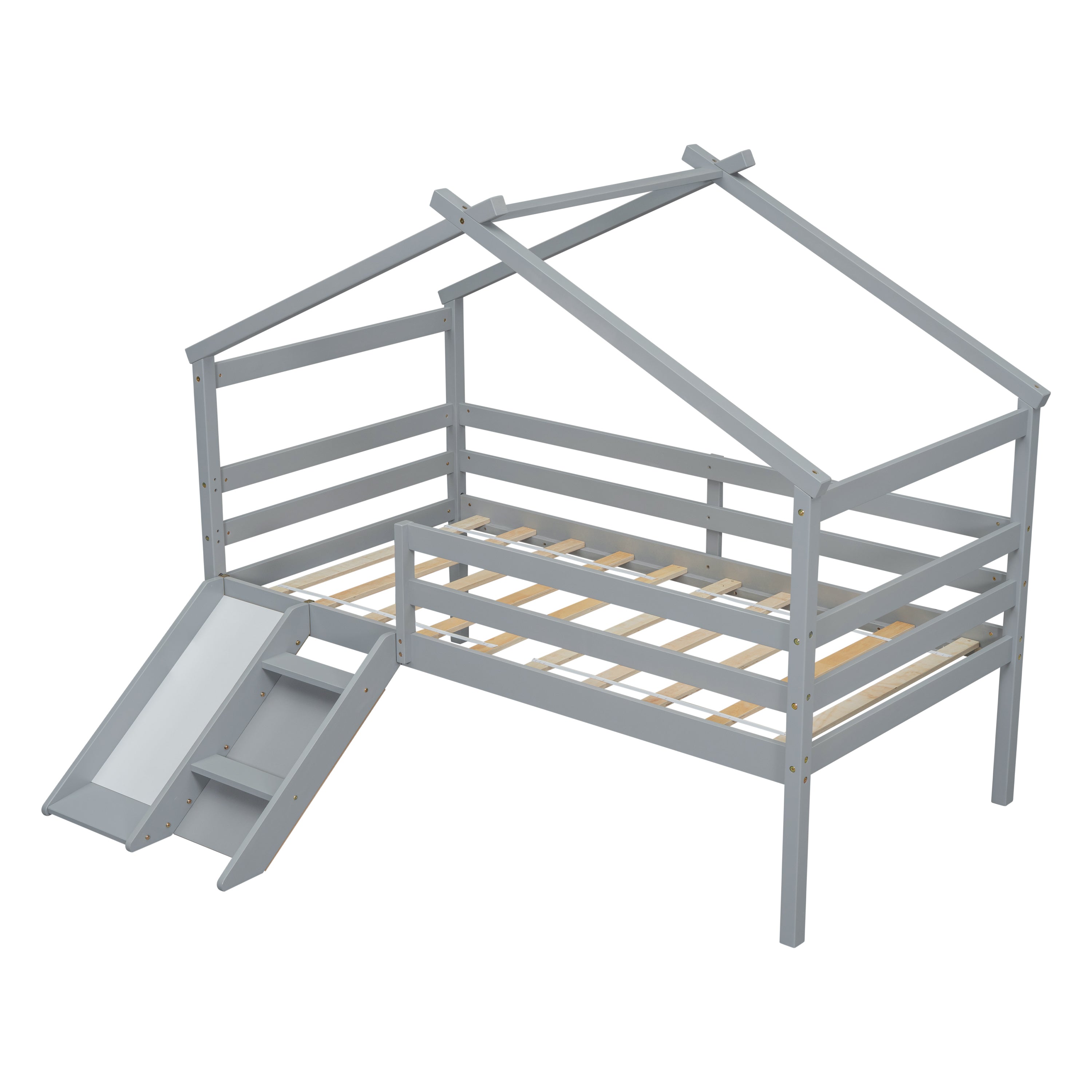 Twin Low Loft House Bed with Slide, Ladder, Safety Guardrails, House Roof Frame,Grey