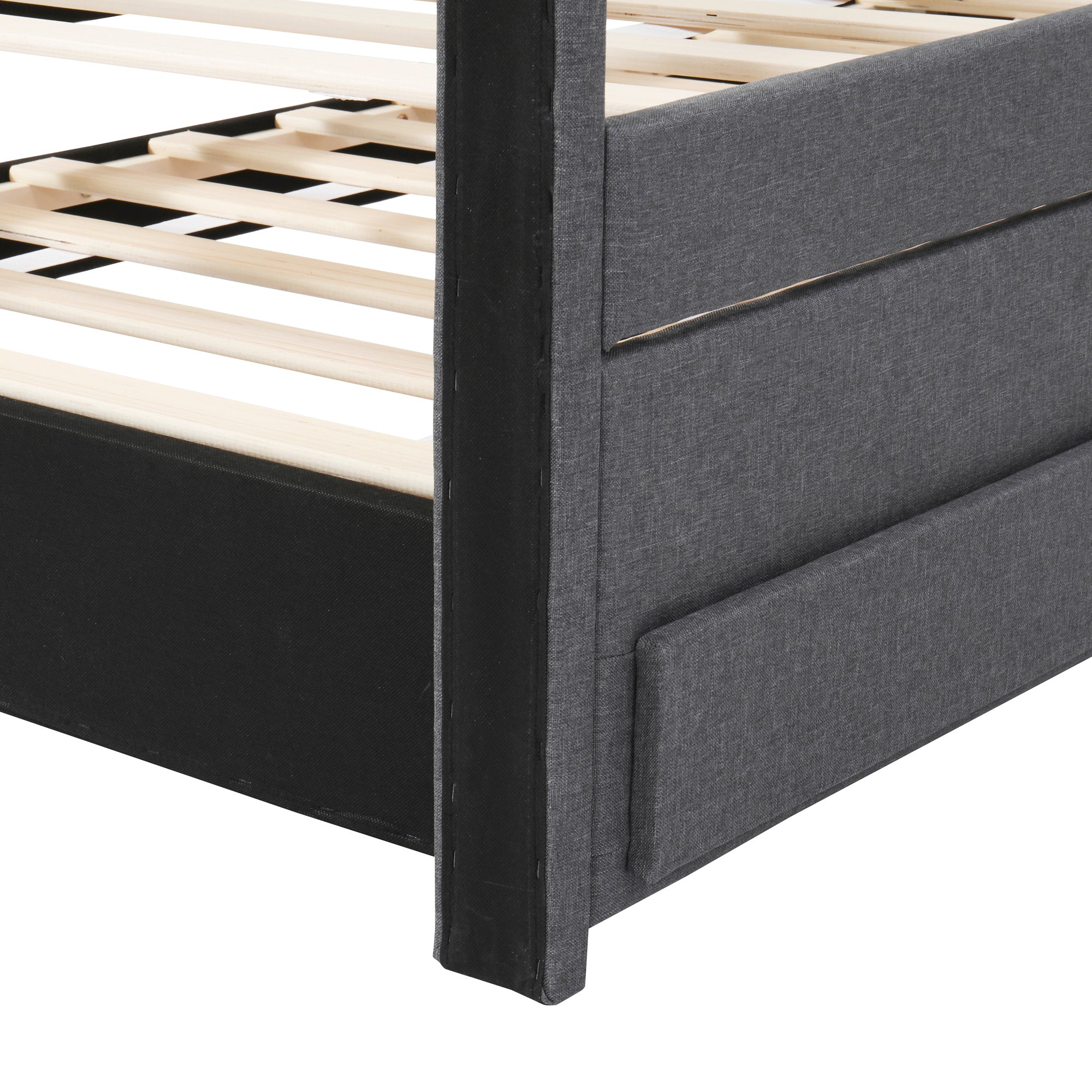 Twin Size Upholstered Platform Bed with Trundle and 3 Drawers, Linen Fabric, Gray - Atlantic Fine Furniture Melbourne FL