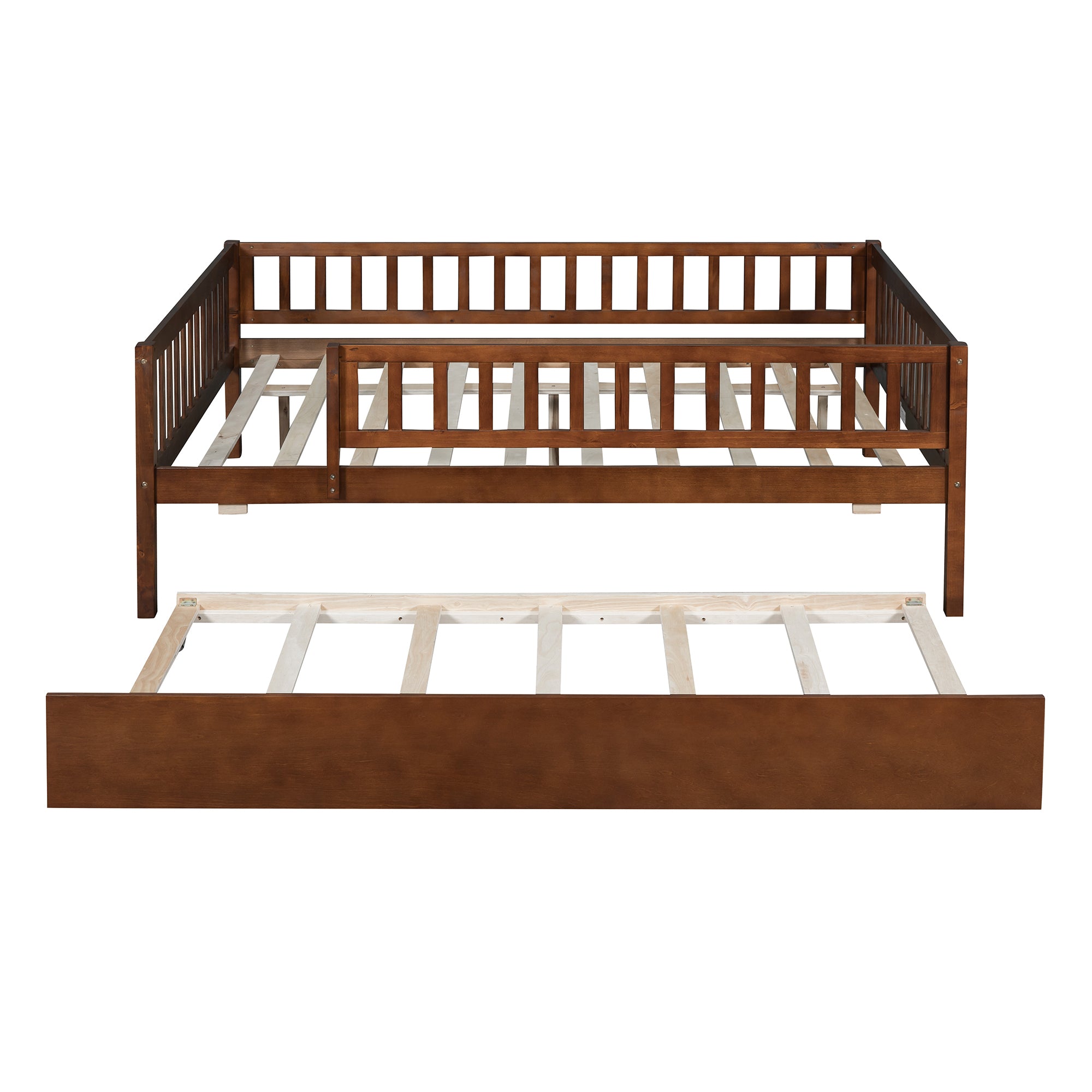 Full Size Wood Daybed with Trundle and Fence Guardrails, Walnut - Atlantic Fine Furniture Melbourne FL