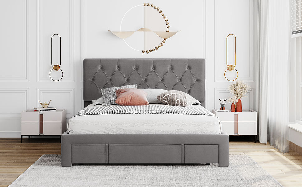 Queen Size Storage Bed Velvet Upholstered Platform Bed with a Big Drawer - Grey - Atlantic Fine Furniture Melbourne FL