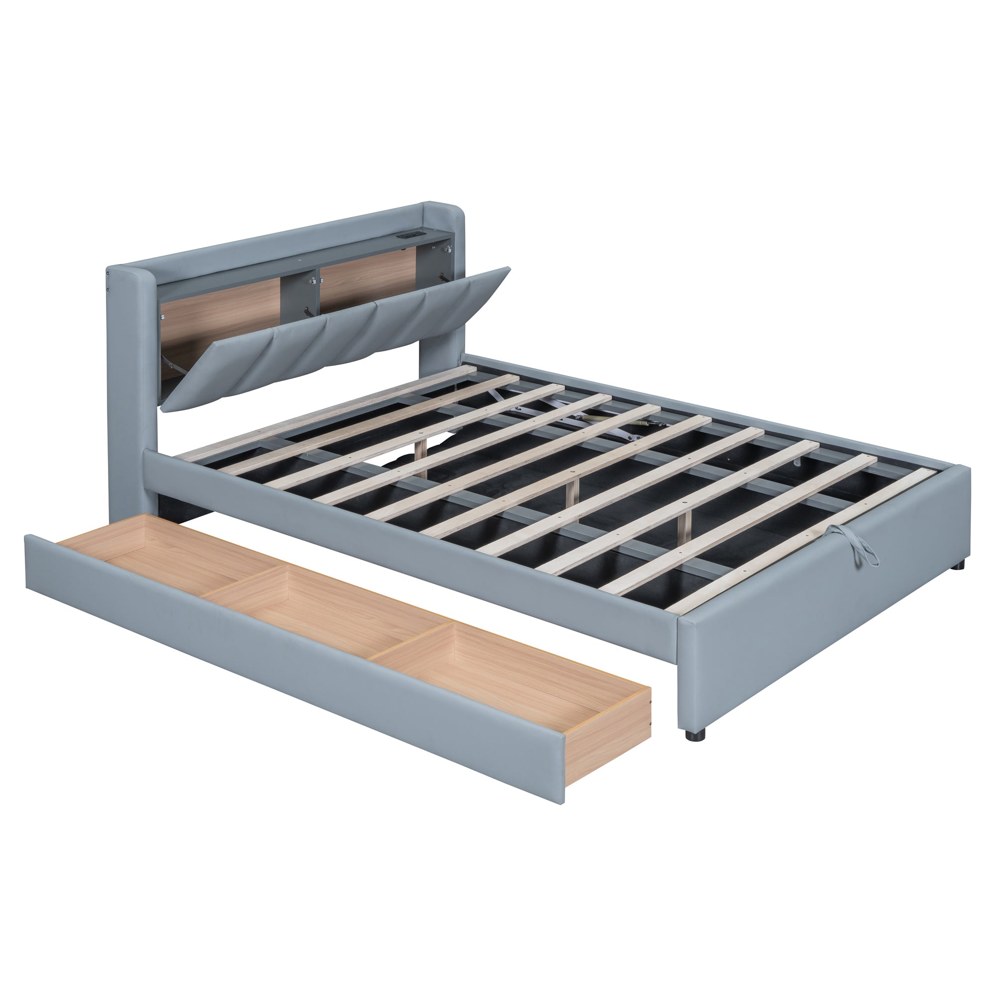 Queen Size & Twin XL Size Upholstered Platform Bed, Mother & Child Bed with Hydraulic Storage System, Drawer Box, Bedhead storage shelf and Two pairs of sockets & USB Ports, PU Leather, Gray - Atlantic Fine Furniture Melbourne FL