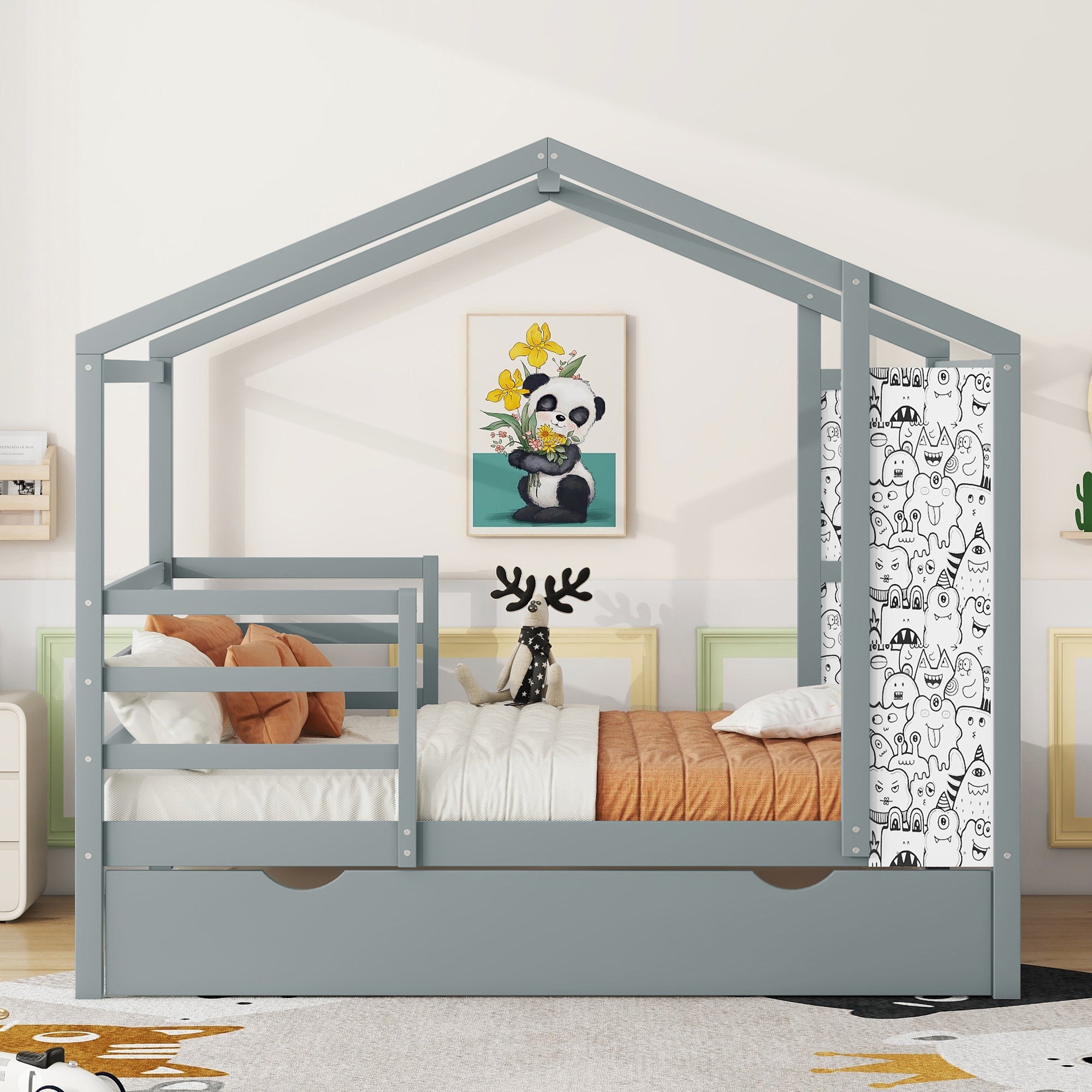 Full Size Wood House Bed with Fence and Writing Board, Gray - Atlantic Fine Furniture Melbourne FL