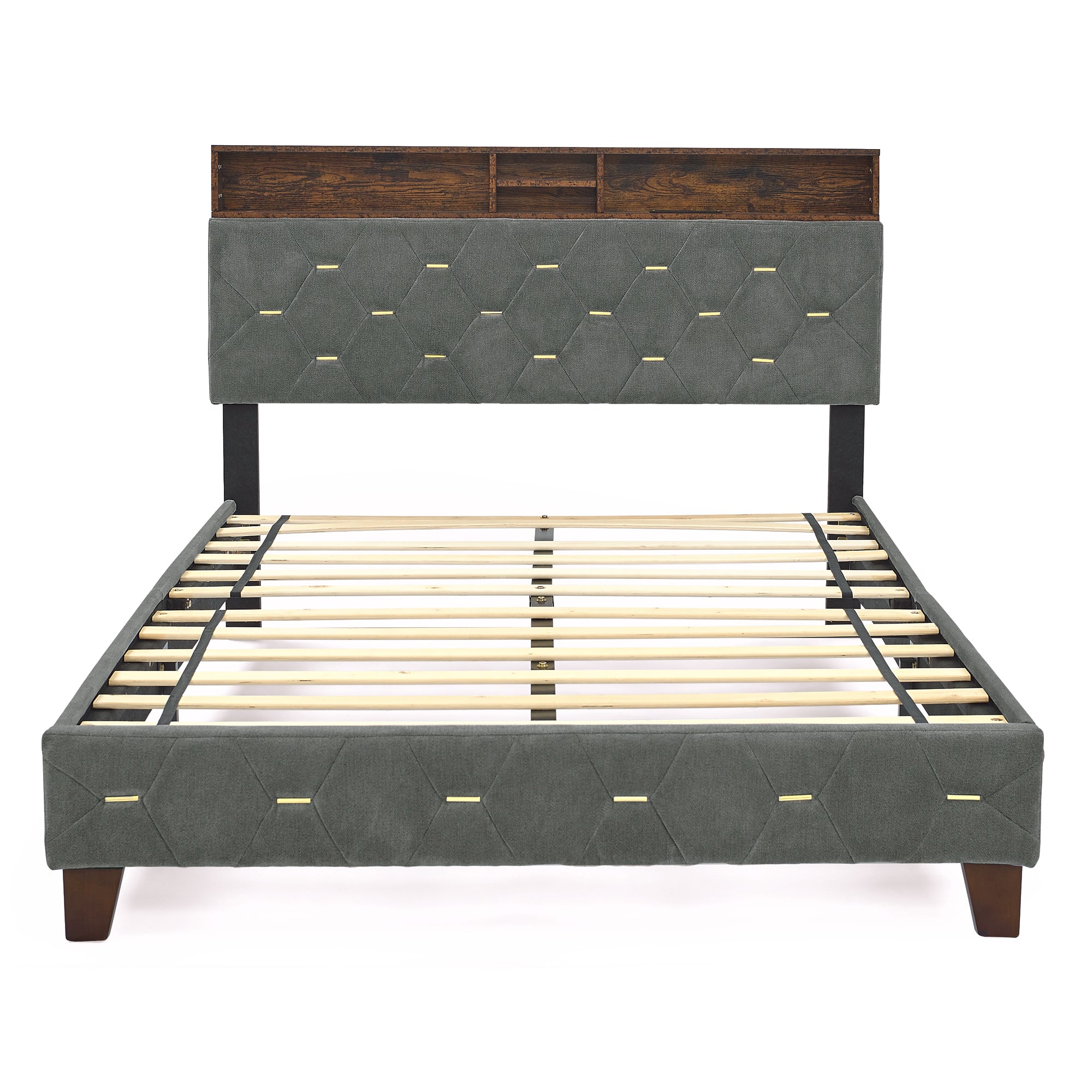 Full Size Bed Frame, Shelf Upholstered Headboard, Platform Bed with Outlet & USB Ports, Wood Legs, No Box Spring Needed, Easy Assembly, Grey