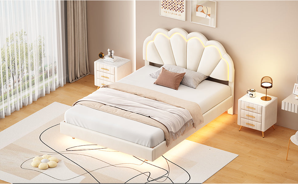 Full Upholstered Smart LED Bed Frame with Elegant Flowers Headboard,Floating Velvet Platform LED Bed with Wooden Slats Support,Beige