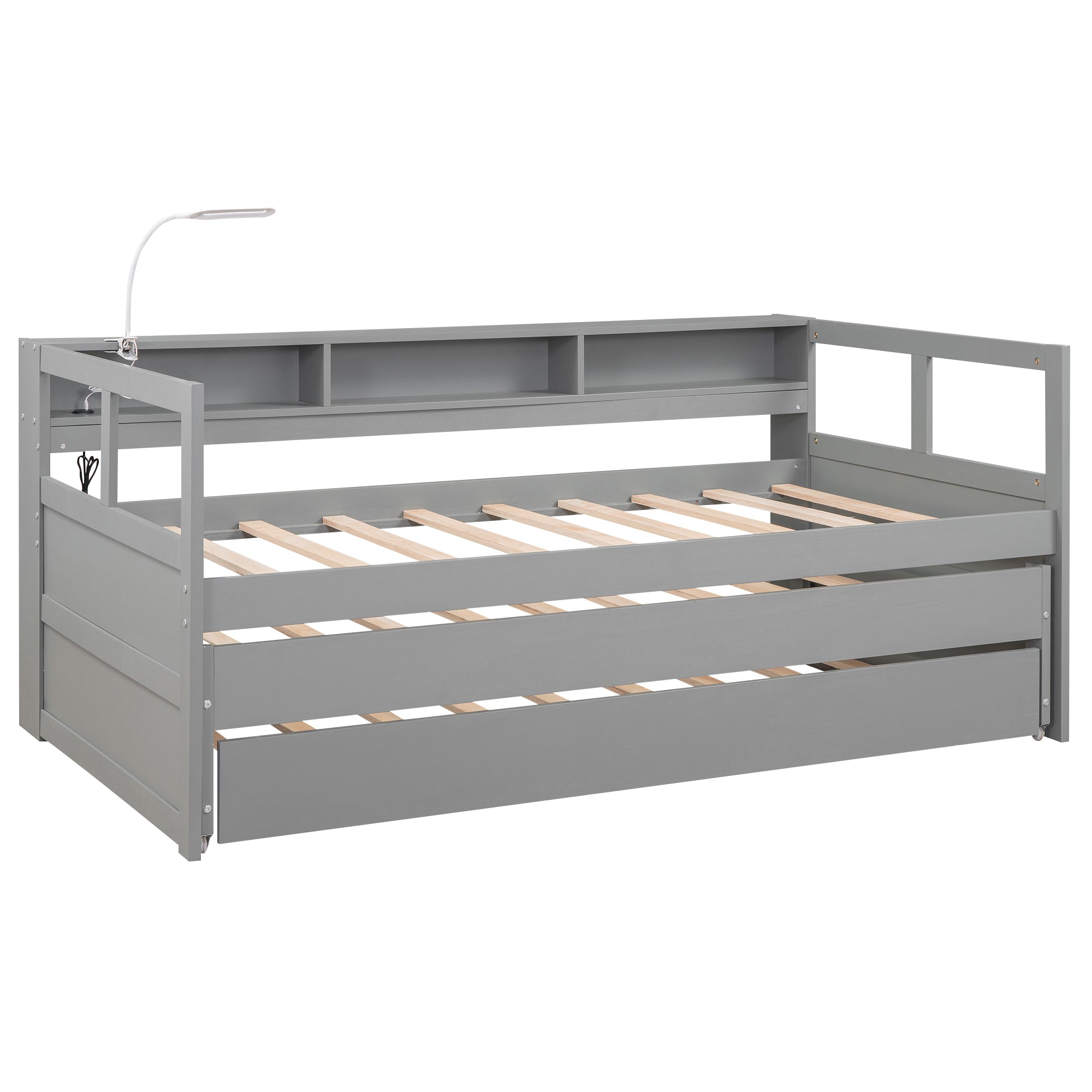 Twin XL Wood Daybed with 2 Trundles, 3 Storage Cubbies, 1 Light for Free and USB Charging Design, Gray - Atlantic Fine Furniture Melbourne FL