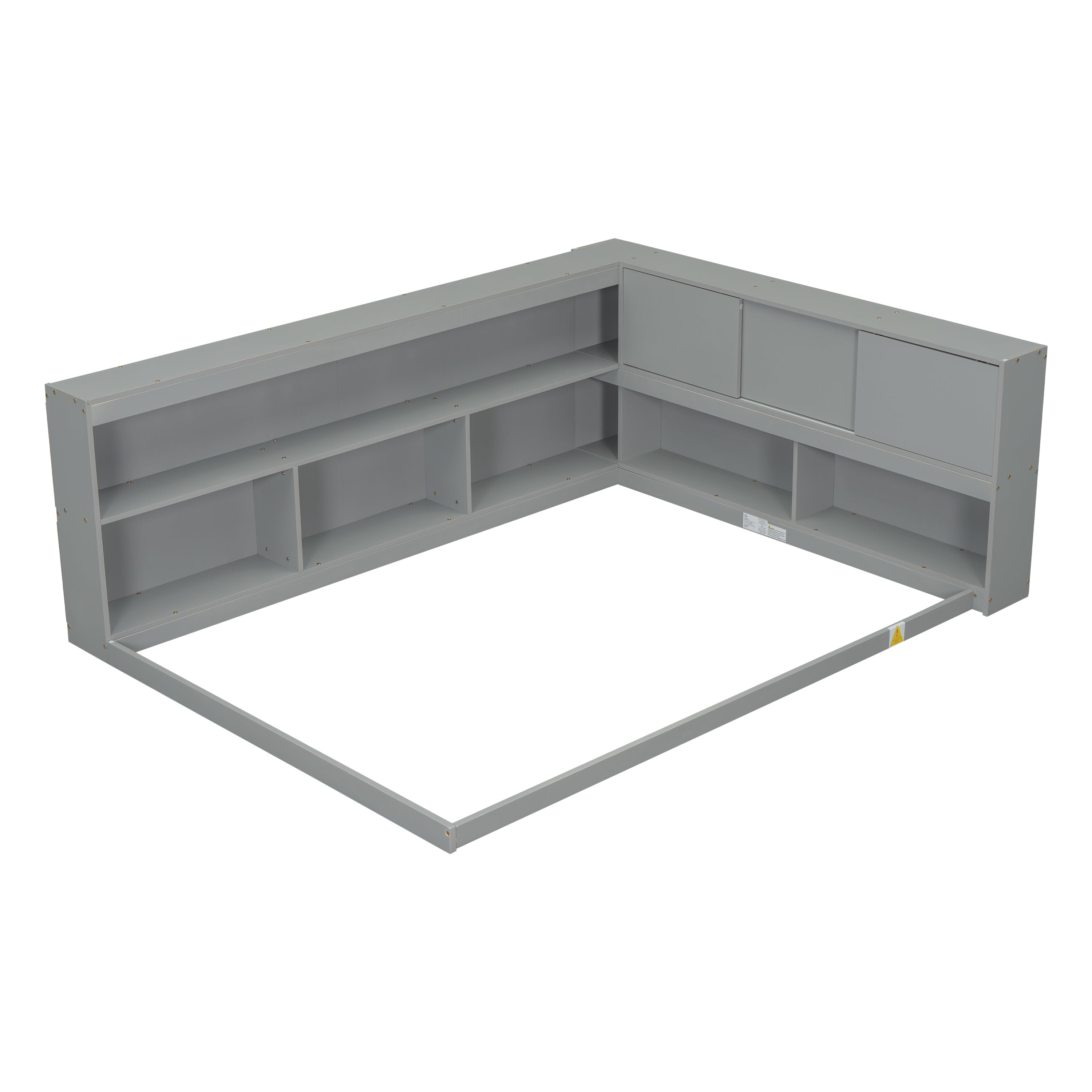 Full Floor Bed with L-shaped Bookcases, sliding doors,without slats,Grey