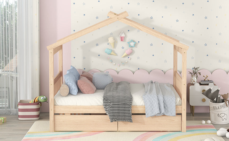 Full Size Wooden House Bed with Drawers, Natural - Atlantic Fine Furniture Melbourne FL