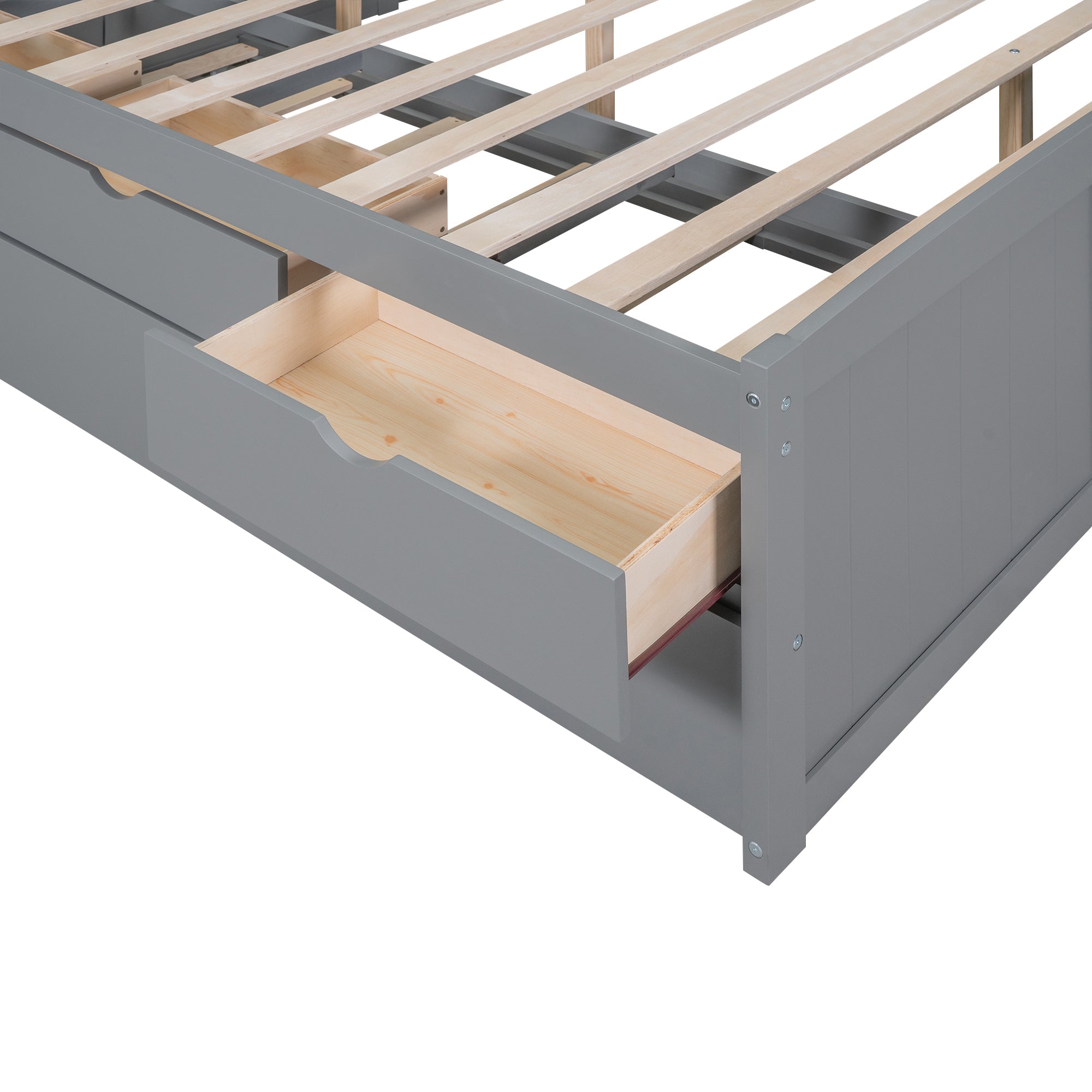 Full Size Wooden Captain Bed with Built-in Bookshelves,Three Storage Drawers and Trundle,Light Grey - Atlantic Fine Furniture Melbourne FL
