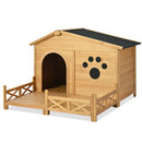 Wooden Dog House Outdoor With Porch, Dog Kennel With Water Resistant Asphalt Roof And Fencing, Indoor & Outdoor Dog Crate With Paw Print, Medium - Nature