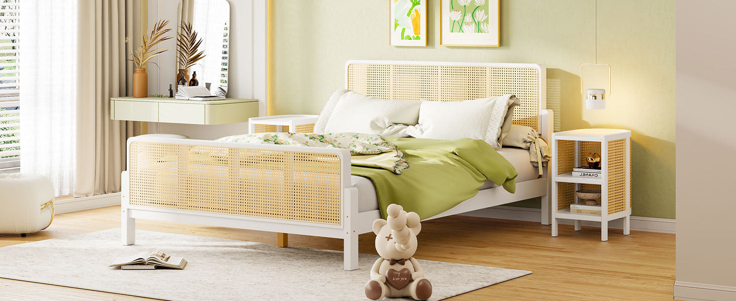 3 Pieces Rattan Platform Full Size Bed With 2 Nightstands,White - Atlantic Fine Furniture Melbourne FL
