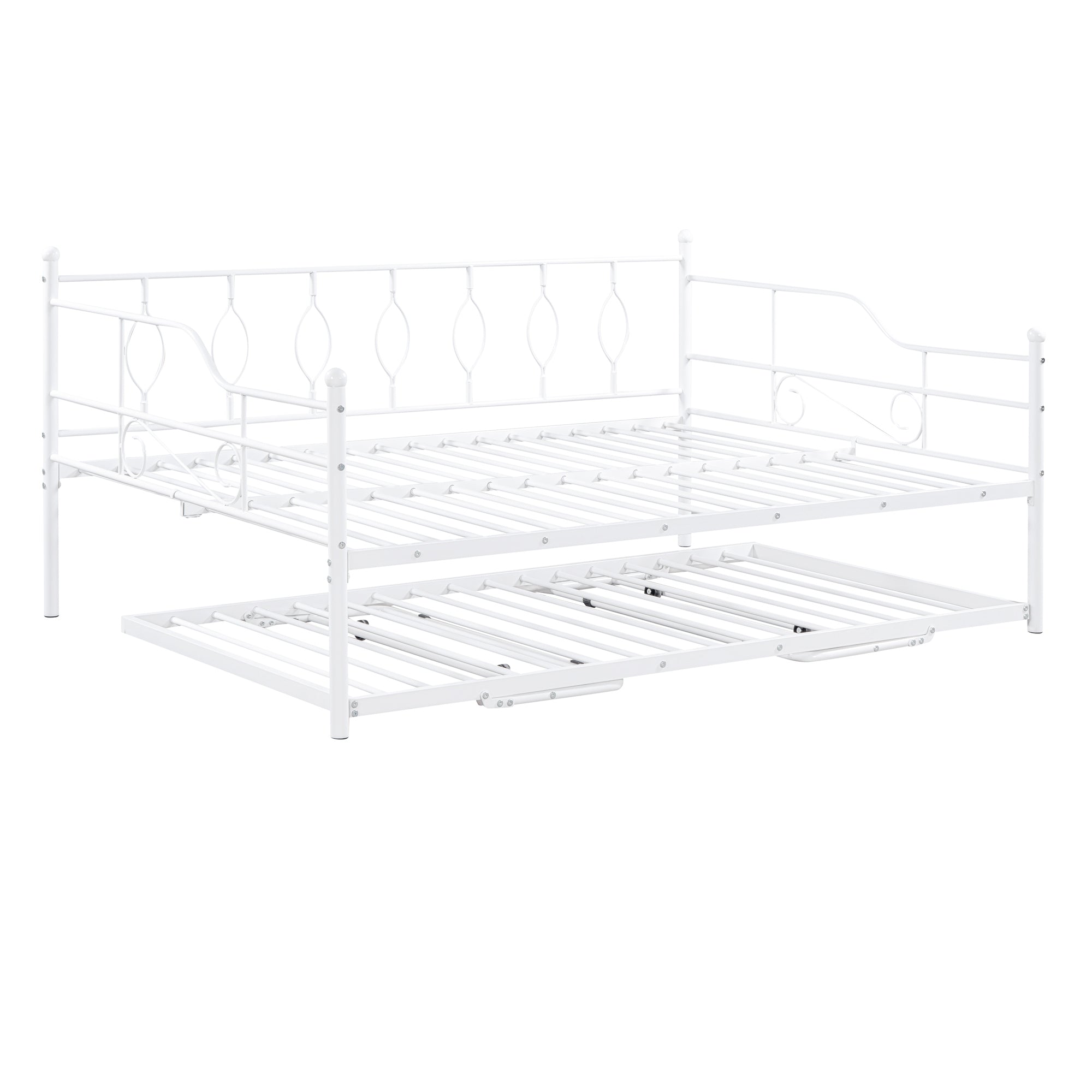 Full Size Metal Daybed with Twin Size Adjustable Trundle, Portable Folding Trundle, White(OLC SKU:MF293730AAK)