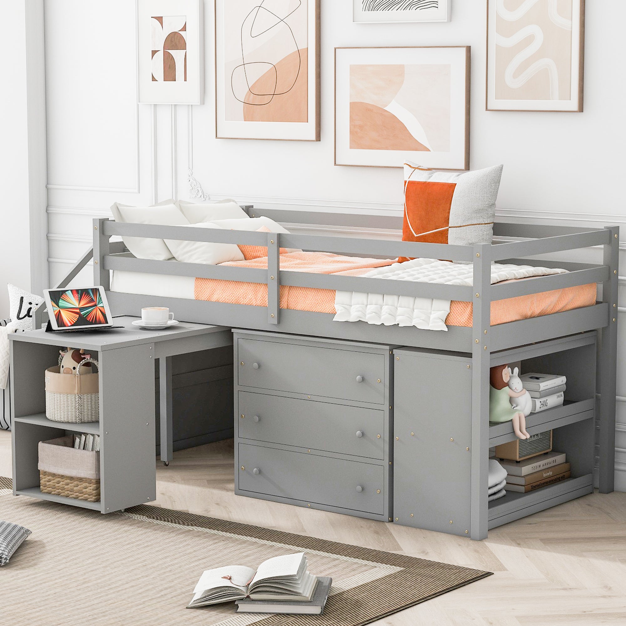 Twin Size Loft Bed with Retractable Writing Desk and 3 Drawers, Wooden Loft Bed with Storage Stairs and Shelves, Gray - Atlantic Fine Furniture Melbourne FL