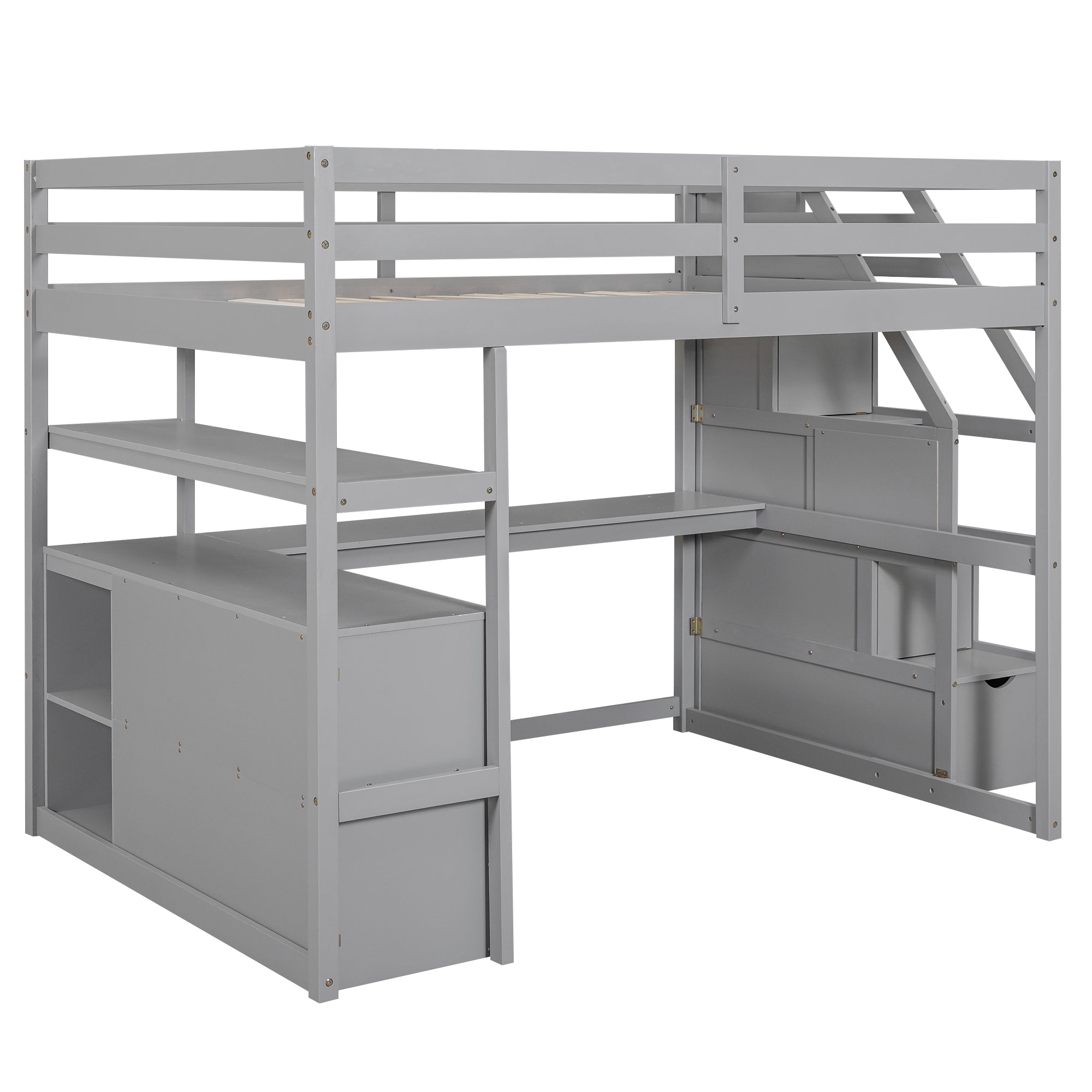 Full Size Loft Bed with Desk and Shelves, Two Built-in Drawers, Storage Staircase, Gray - Atlantic Fine Furniture Melbourne FL