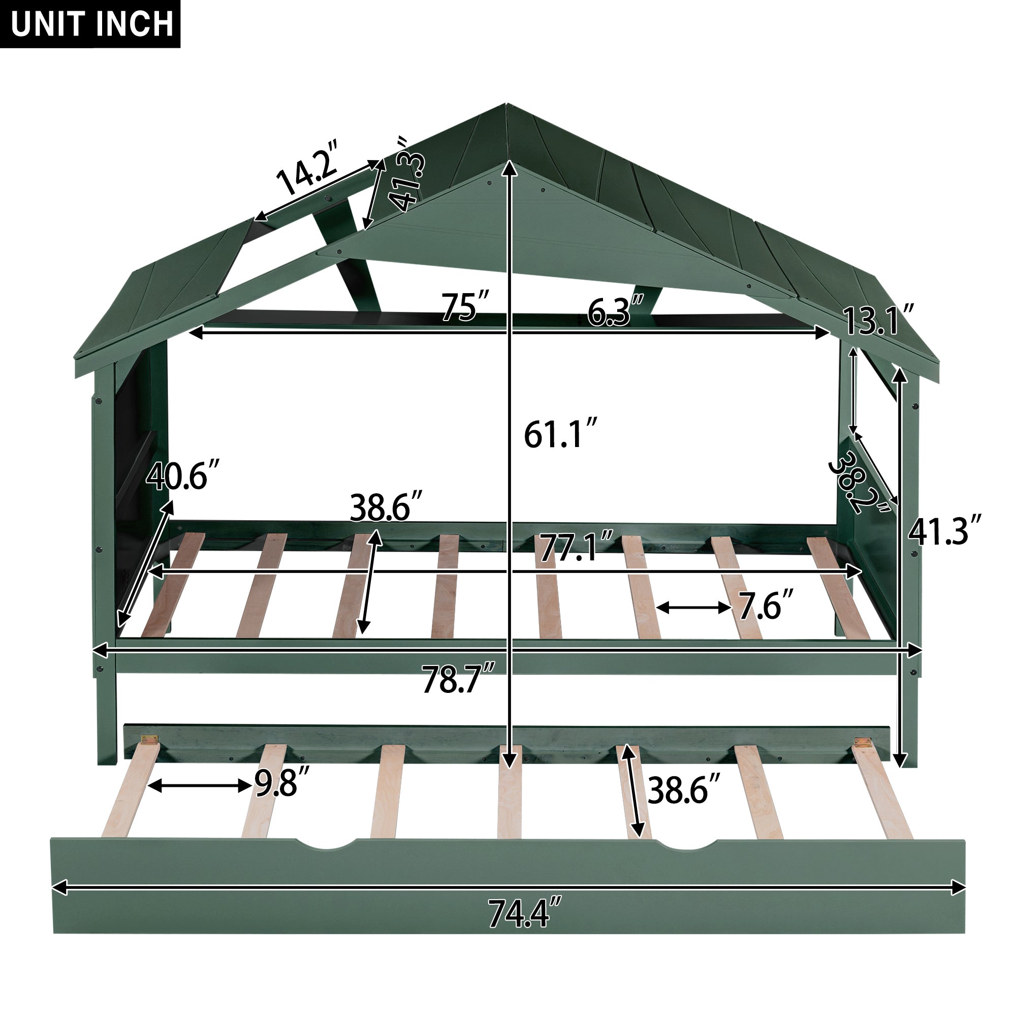 Wood Twin Size House Bed with Trundle and Storage, Green - Atlantic Fine Furniture Melbourne FL